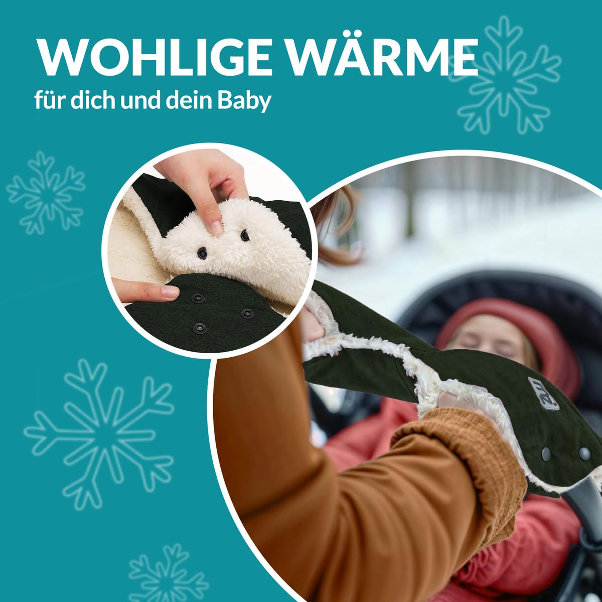 MONZANA® Fußsack Kinderwagen Baby Winter | Winterfußsack & Fußsack Buggy mit Handwärmer, Reflektoren & Reißverschluss | Kuschelig, wasserabweisend, waschbar | Baby Fußsack dunkelgrün 3 & 5 Punkt — Ansicht 5