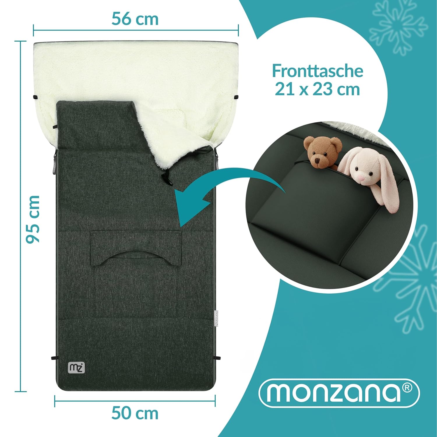 MONZANA® Fußsack Kinderwagen & Buggy – Kuscheliger Winterfußsack für Baby, mit Reflektoren, Reißverschluss & 3-/5-Punkt-Gurtsystem – Waschbar, Wasserabweisend, Dunkelgrün — Ansicht 2