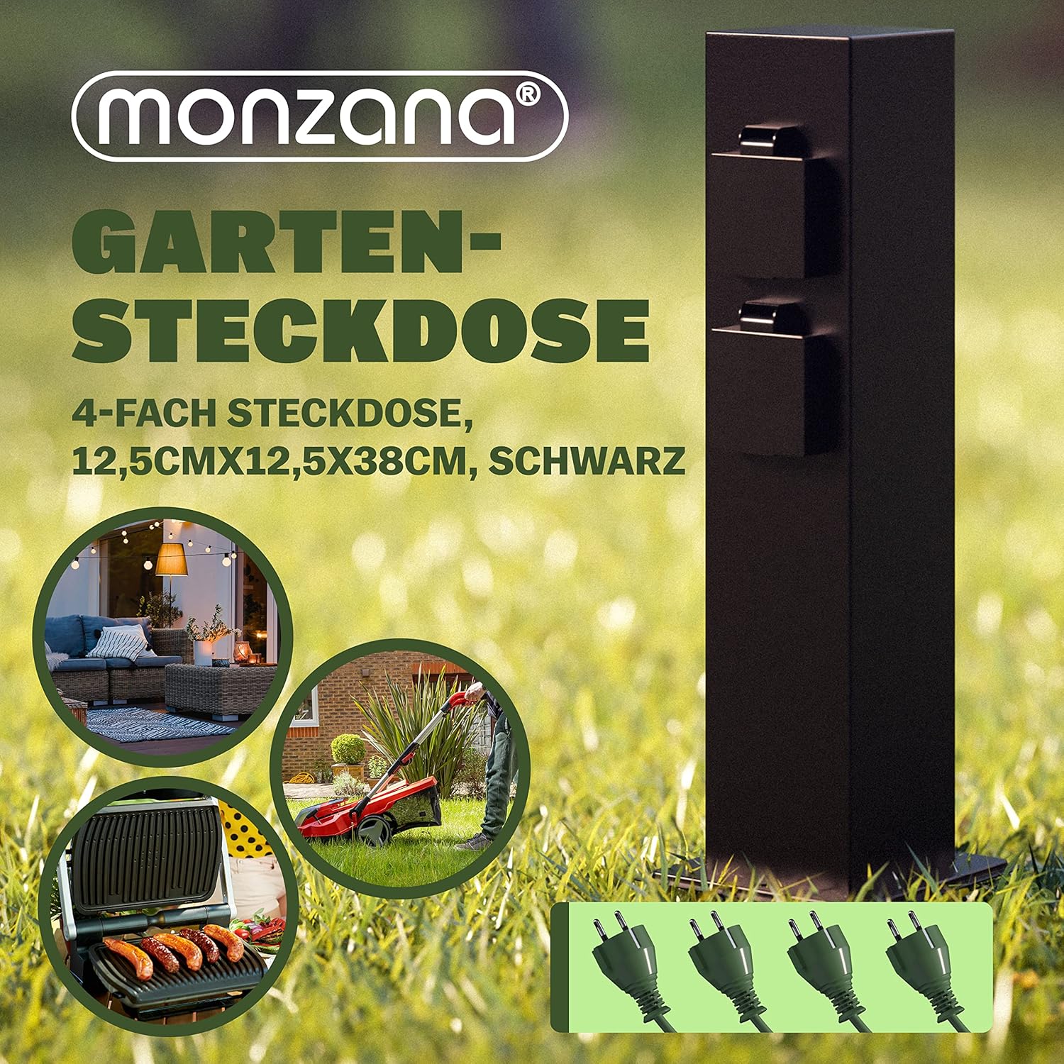 MONZANA® Gartensteckdose 4fach IP44 Metallspieß Garten Außensteckdose Steckdosensäule Mehrfachsteckdose Steckdosenverteiler Outdoor Edelstahl Schwarz — Ansicht 2