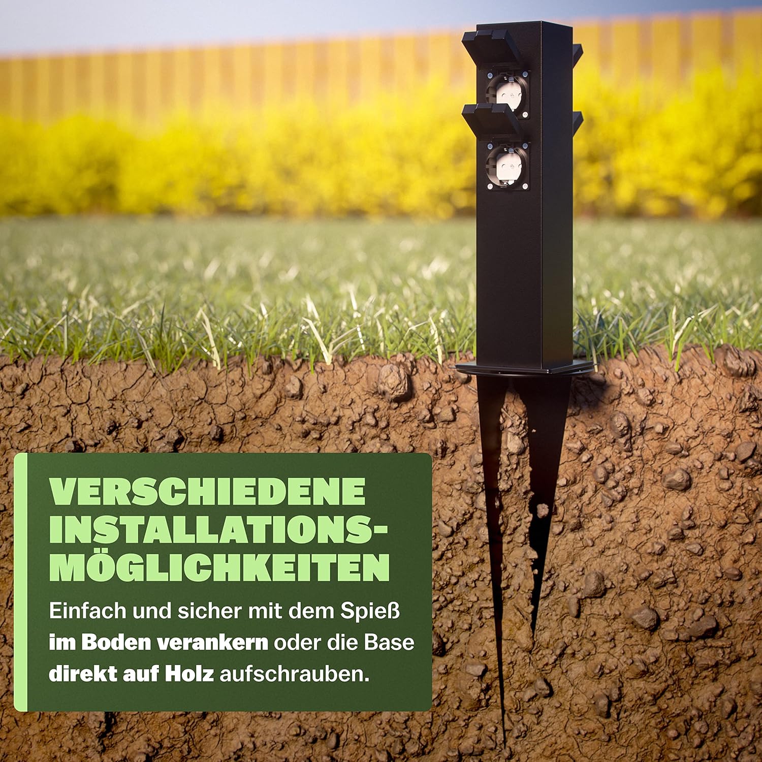 MONZANA® Gartensteckdose 4fach IP44 Metallspieß Garten Außensteckdose Steckdosensäule Mehrfachsteckdose Steckdosenverteiler Outdoor Edelstahl Schwarz — Ansicht 4