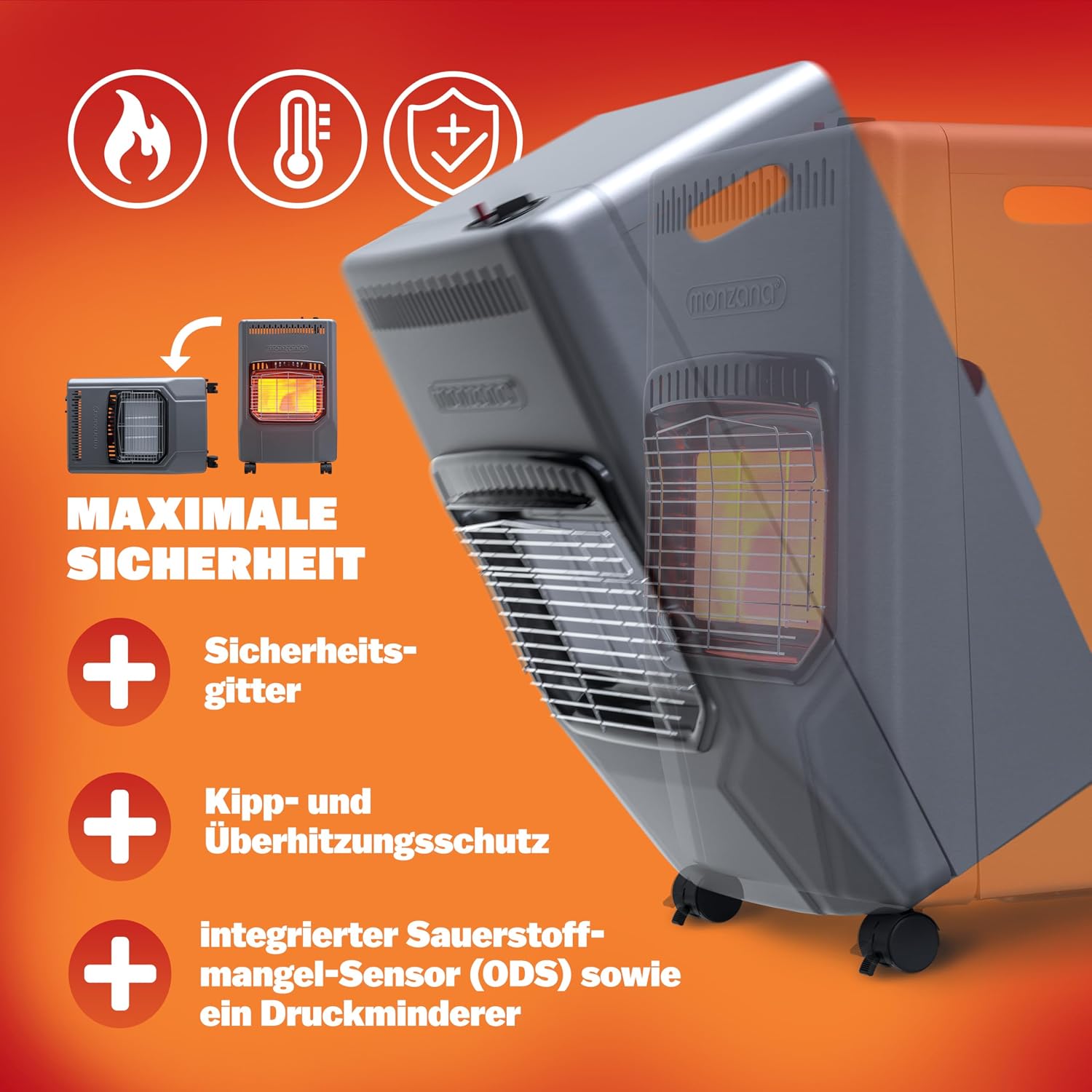 MONZANA® Gasheizung GH4500 Innenräume 4200W Gasofen 3 Heizstufen inkl. 50cm Gasschlauch Gasdruckregler Keramikheizplatten Camping Gasheizofen mobil — Ansicht 4