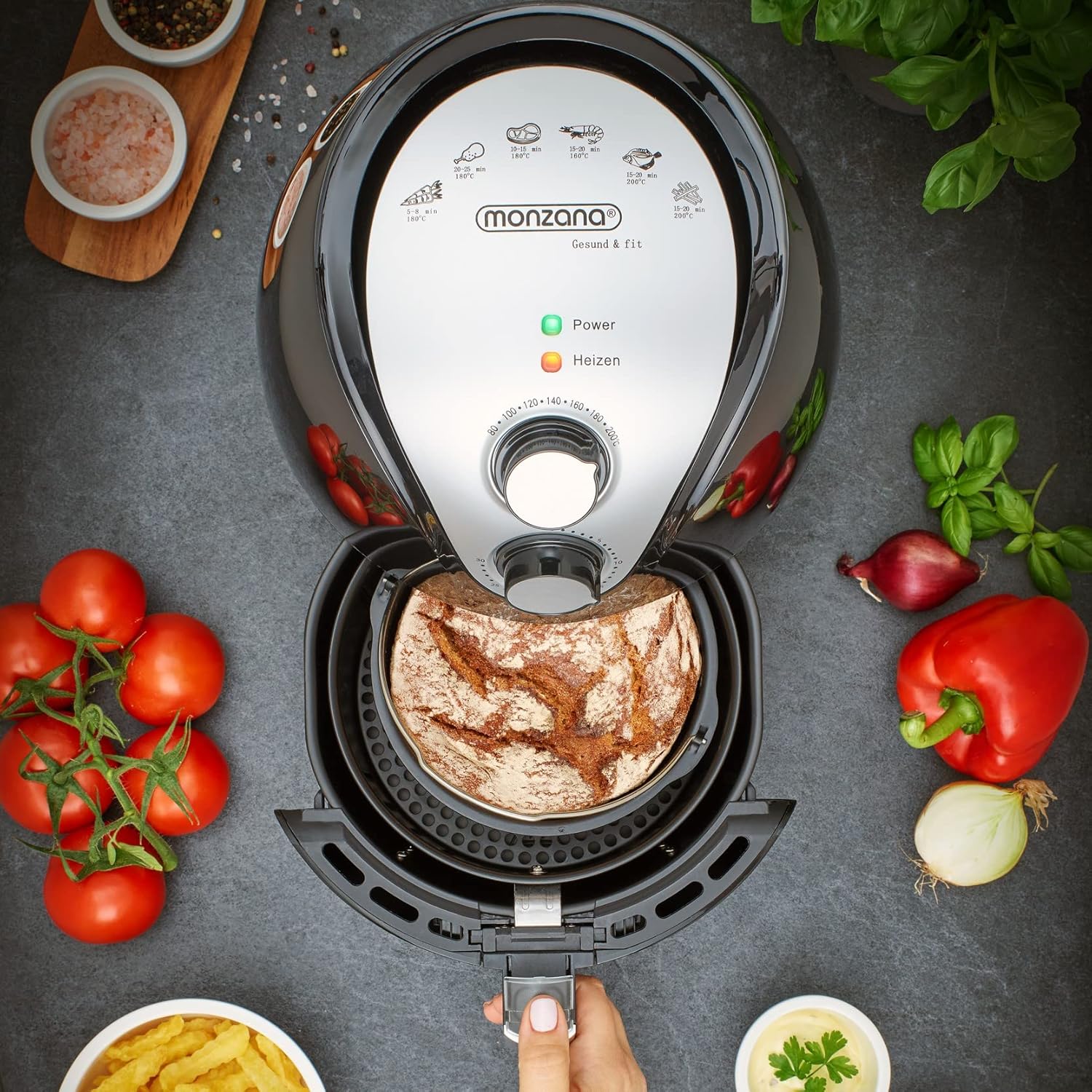 MONZANA® Heißluftfritteuse 3,6L Antihaftbeschichtung 9in1 Funktion 80-200°C Cool Touch Spülmaschinengeeignet Küche Fritteuse Heißluftofen Schwarz — Ansicht 2