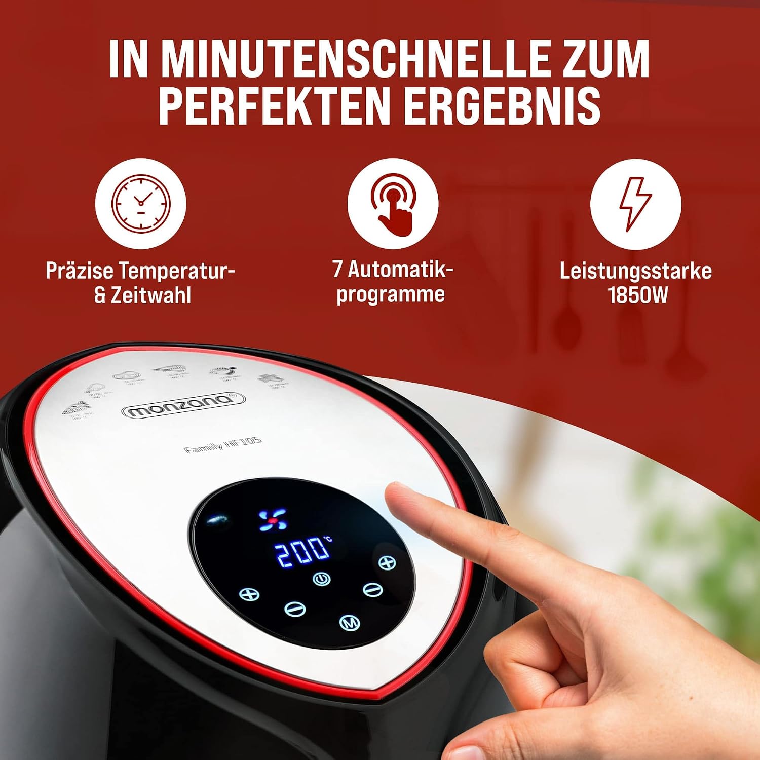MONZANA Heißluftfritteuse 6,5L XXL 9in1 fettarm digitales LED Touch-Display Timer & Temperatur 80-200 °C Rezeptheft Heißluftofen Fritteuse schwarz — Ansicht 5