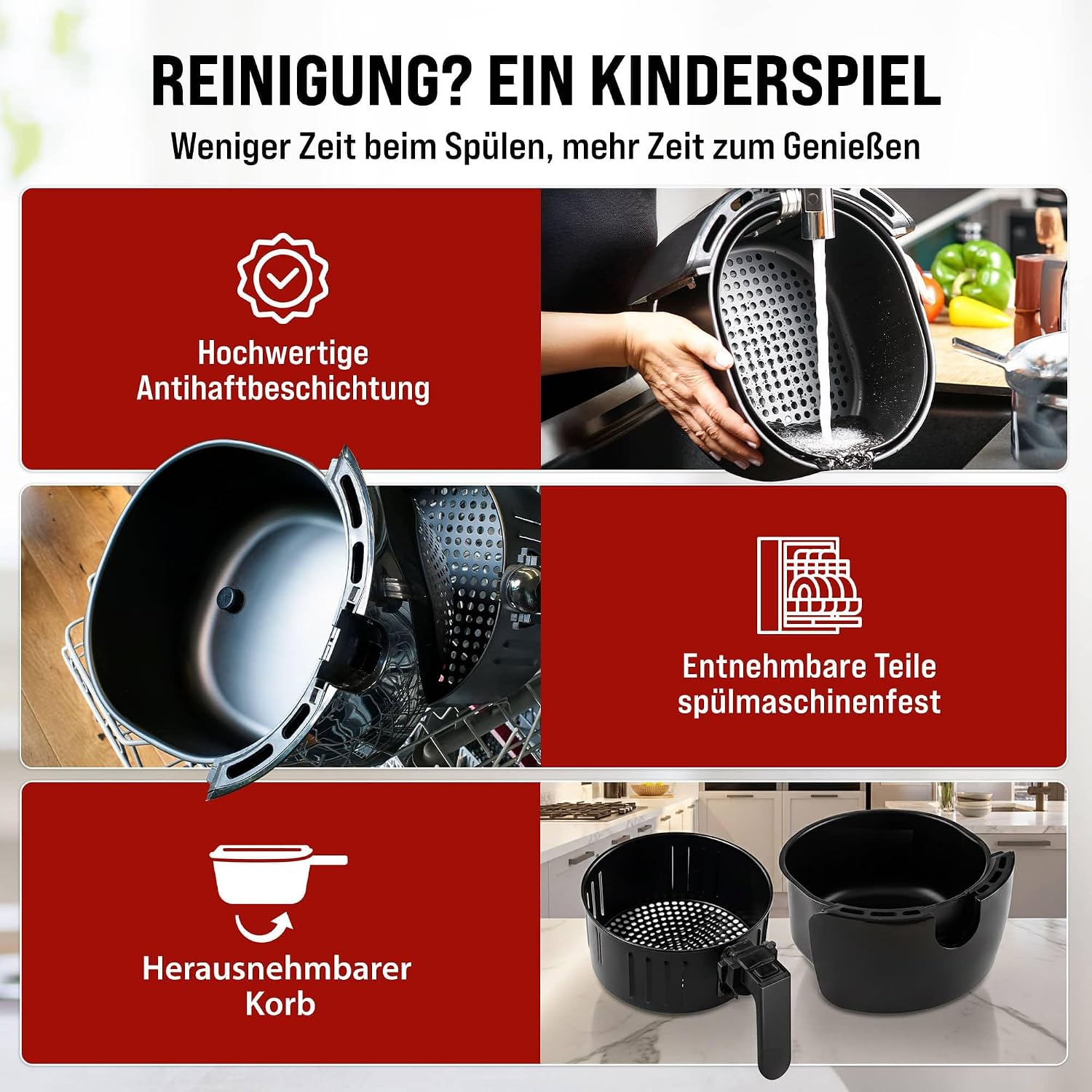 MONZANA Heißluftfritteuse 6,5L XXL 9in1 fettarm digitales LED Touch-Display Timer & Temperatur 80-200 °C Rezeptheft Heißluftofen Fritteuse schwarz — Ansicht 6
