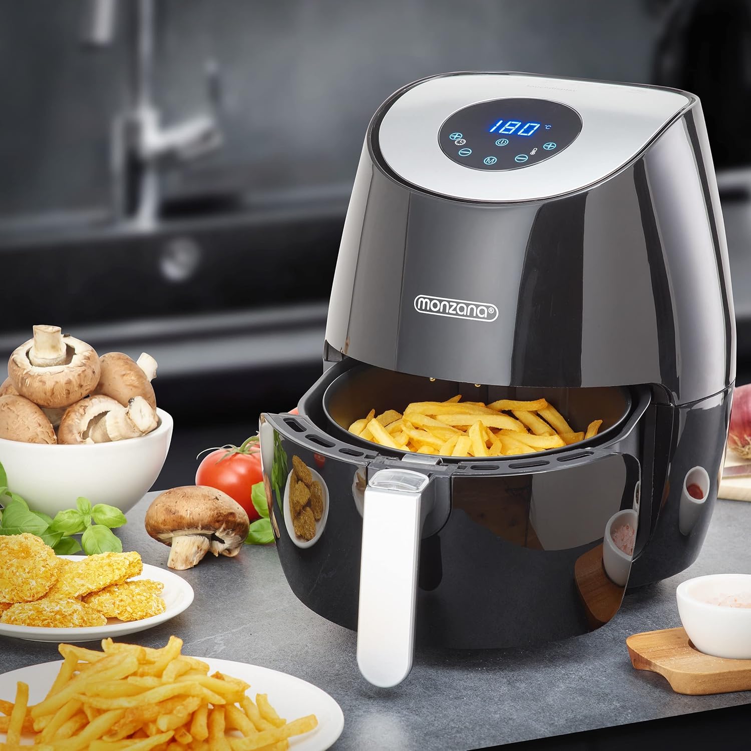 MONZANA® Heißluftfritteuse Digitales LED Touch Display 3,6L Ohne Öl Fett 6 Programme Antihaftbeschichteter Frittierkorb Fritteuse Heißluftofen Schwarz — Ansicht 2
