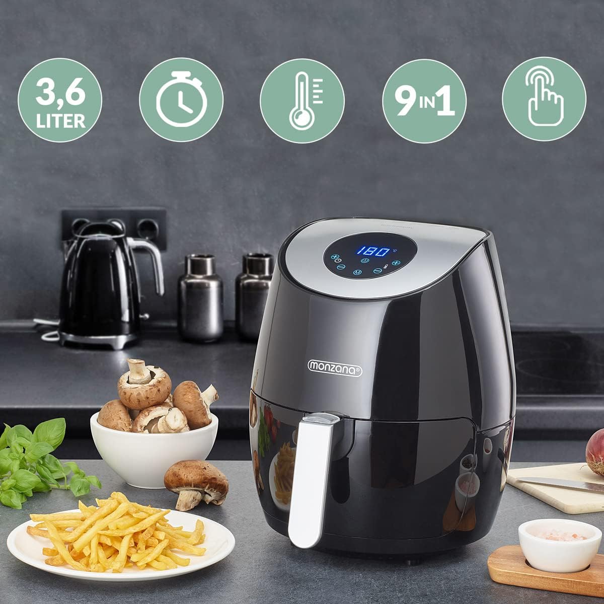 MONZANA® Heißluftfritteuse Digitales LED Touch Display 3,6L Ohne Öl Fett 6 Programme Antihaftbeschichteter Frittierkorb Fritteuse Heißluftofen Schwarz — Ansicht 3