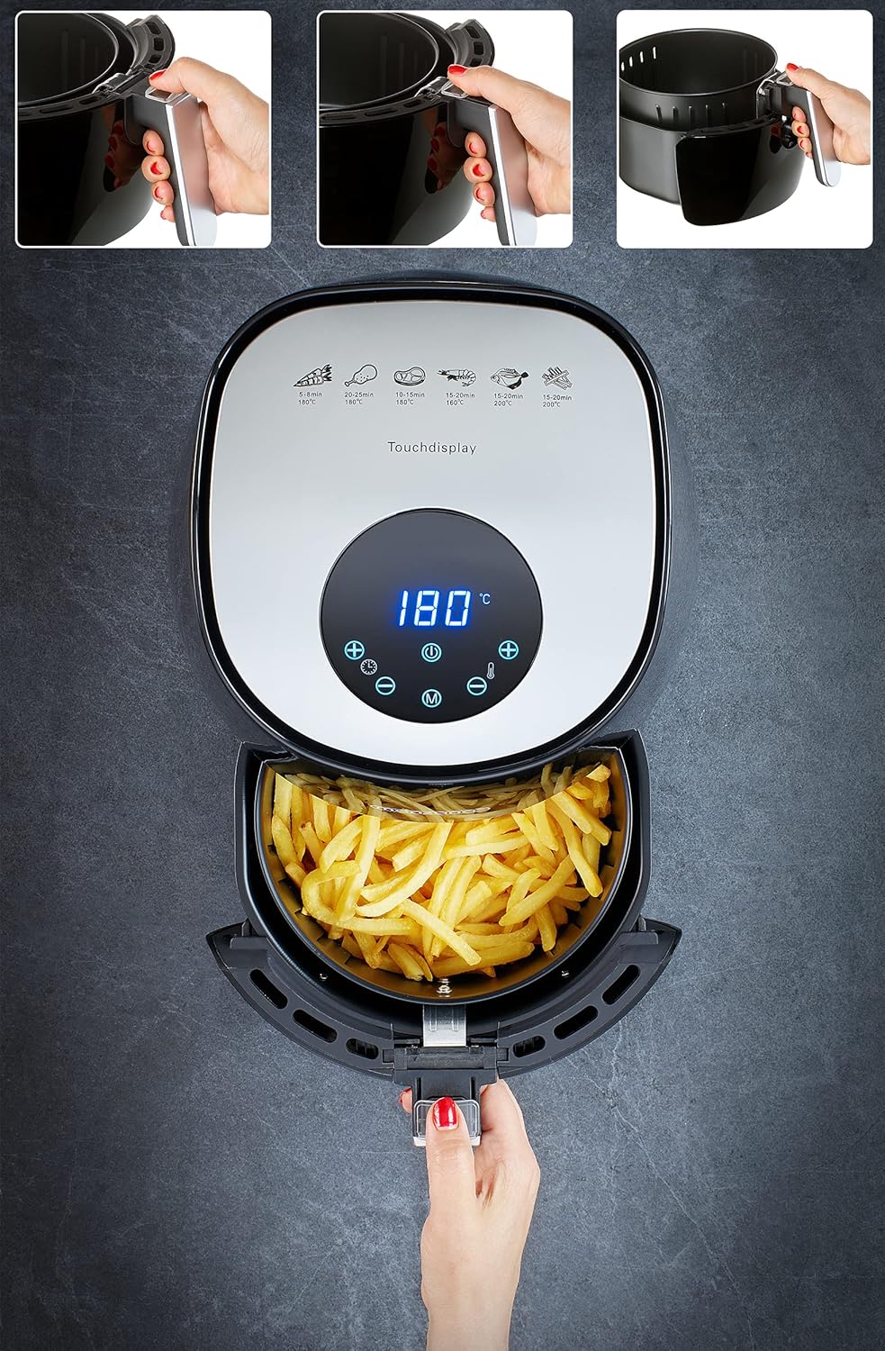 Monzana Heißluftfritteuse Friteuse Fritteuse + Rezeptheft 1500W 3,6 Liter Touch-Display 9-in-1 schwarz — Ansicht 3