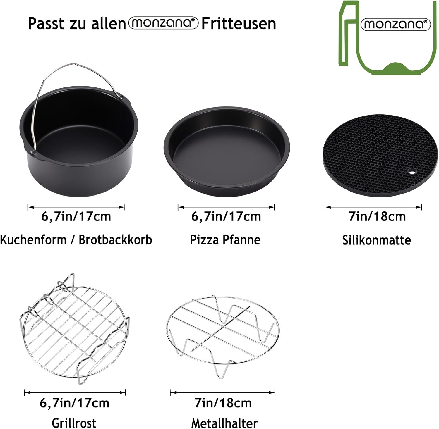 MONZANA® Heißluftfritteuse Zubehör 8tlg. Fritteuse Set inkl. Brotbackkorb 3,6L Pizzapfanne Silikonpfanne Grillrost Spieße — Ansicht 6
