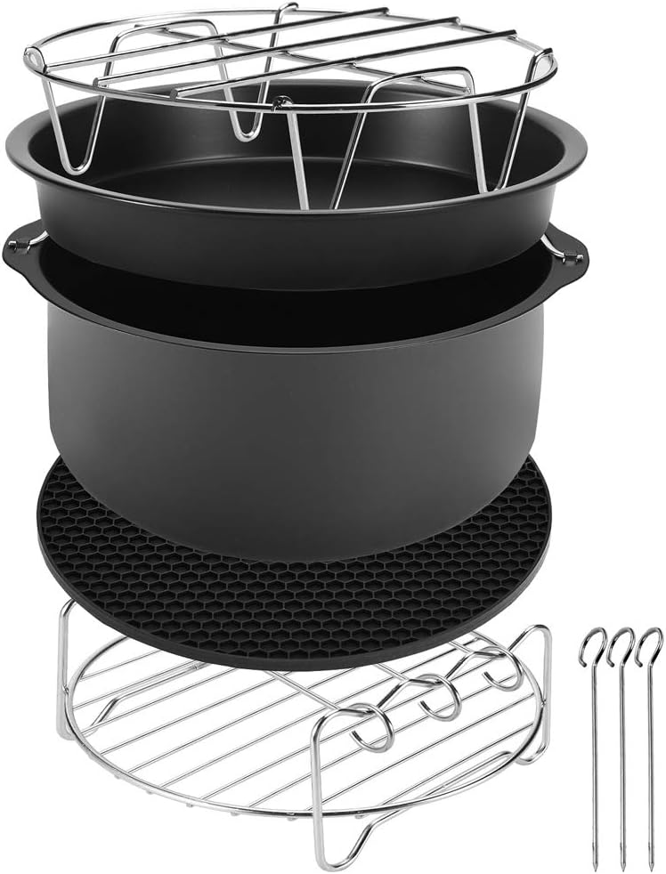 MONZANA® Heißluftfritteuse Zubehör 8tlg. Fritteuse Set inkl. Brotbackkorb 3,6L Pizzapfanne Silikonpfanne Grillrost Spieße