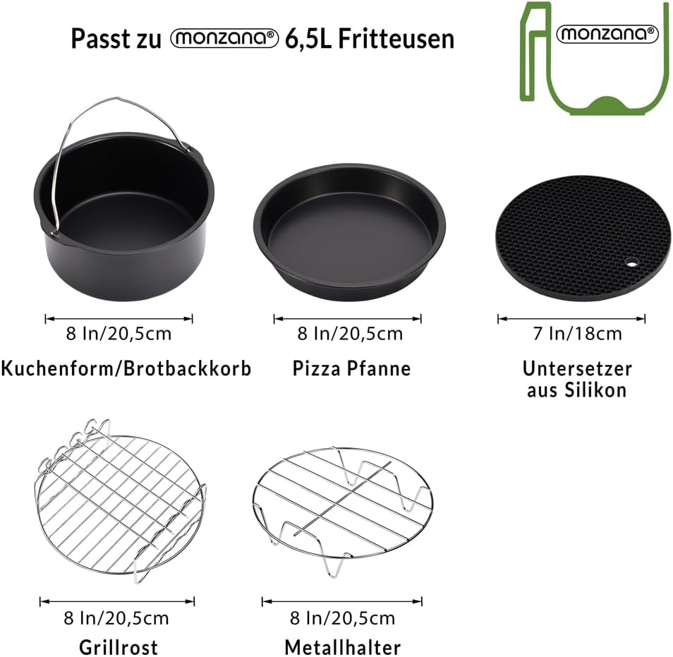 MONZANA® Heißluftfritteuse Zubehör XL 6,5L Fritteuse Set 9tlg mit Brotbackkorb Pizzapfanne Silikonpfanne Grillrost Spieße — Ansicht 2