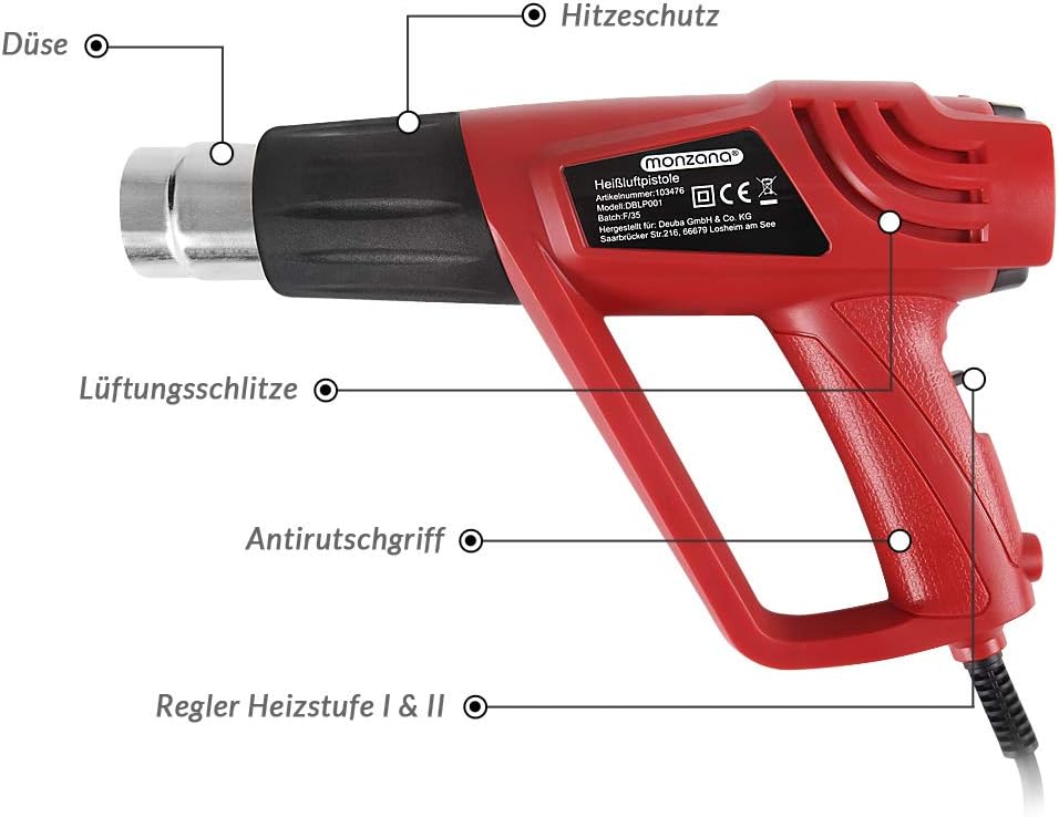 MONZANA® Heißluftpistole 2000 W mit Koffer mit 4 Düsen Farbkratzer 2 Heizstufen Heißluftfön Heißluftgebläse Grillanzünder — Ansicht 4