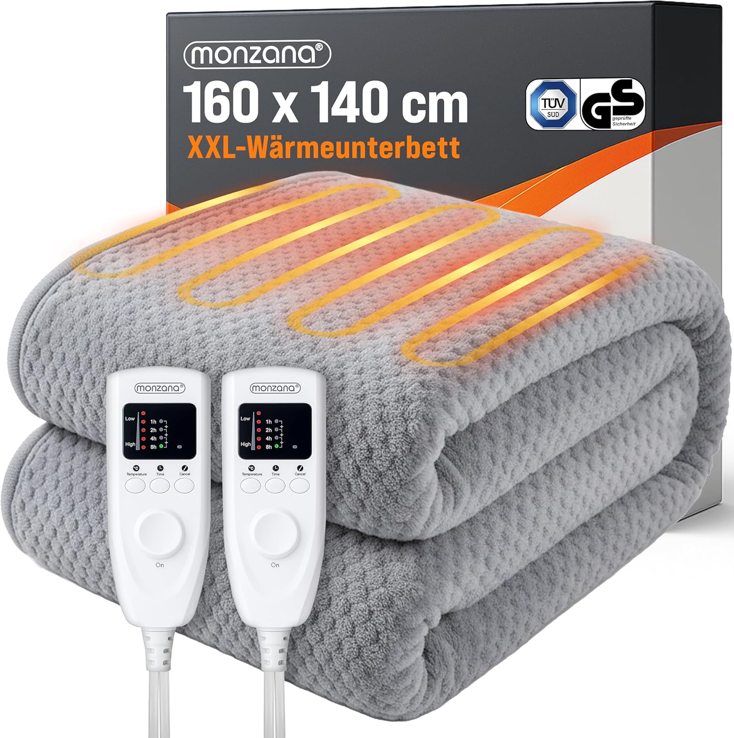 Monzana® Heizdecke Wärmeunterbett 160x140cm Timer Coral Fleece 2x60W grau Doppelheizdecke Überhitzungsschutz waschbar