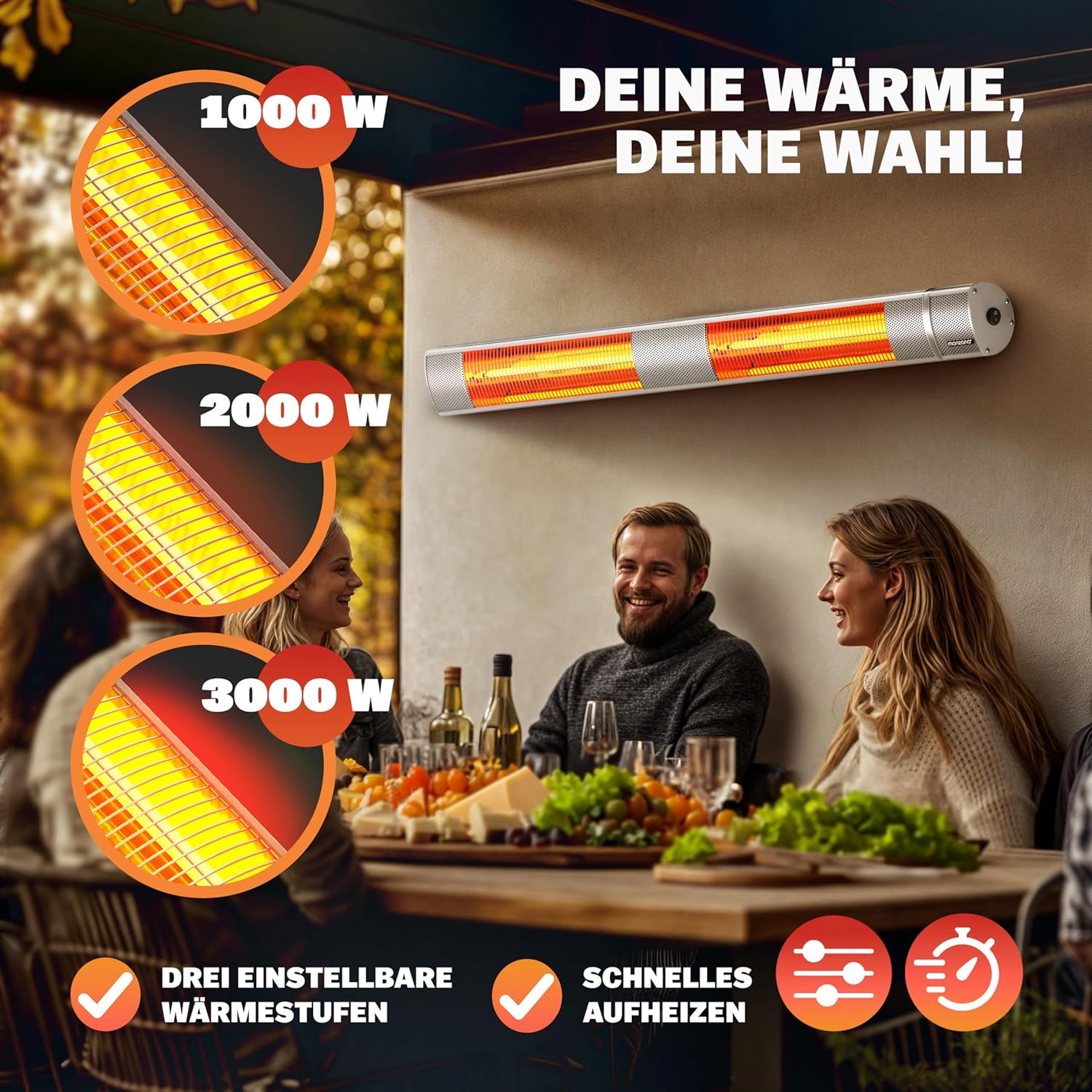 MONZANA® Infrarot Heizstrahler Goldröhre 3000W App Steuerung 3 Stufen Fernbedienung Outdoor Wärmestrahler Terrassenheizer Terrassenstrahler Silber — Ansicht 3