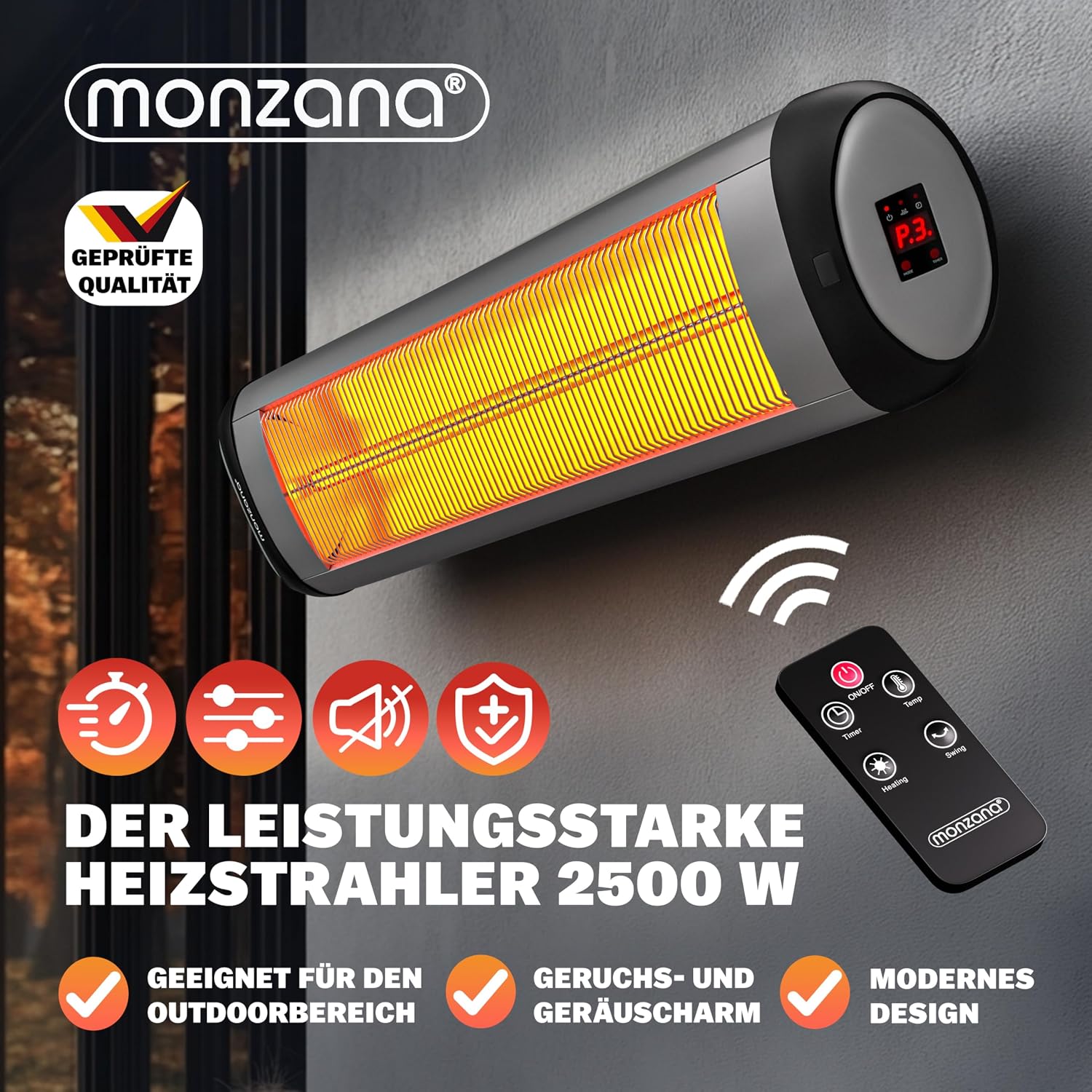 MONZANA® Infrarot Heizstrahler MZH2501 Timer 2500W 3 Stufen 24 Std. Fernbedienung 90 Grad Neigungswinkel Elektrisch Wärmestrahler Terrassenstrahler Silber — Ansicht 2