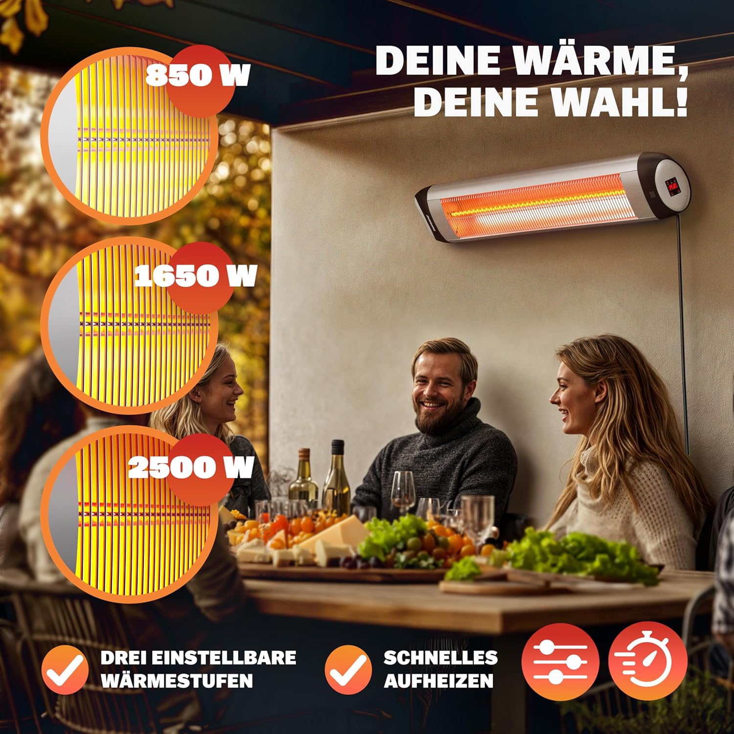 MONZANA® Infrarot Heizstrahler MZH2501 Timer 2500W 3 Stufen 24 Std. Fernbedienung 90 Grad Neigungswinkel Elektrisch Wärmestrahler Terrassenstrahler Silber — Ansicht 3