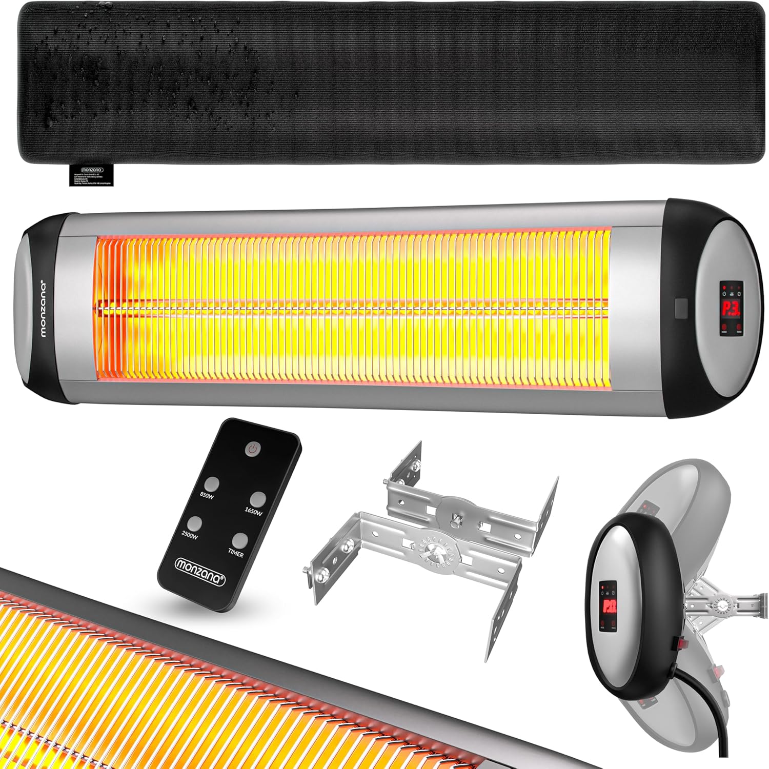 MONZANA® Infrarot Heizstrahler MZH2501 Timer 2500W 3 Stufen 24 Std. Fernbedienung 90 Grad Neigungswinkel Elektrisch Wärmestrahler Terrassenstrahler Silber