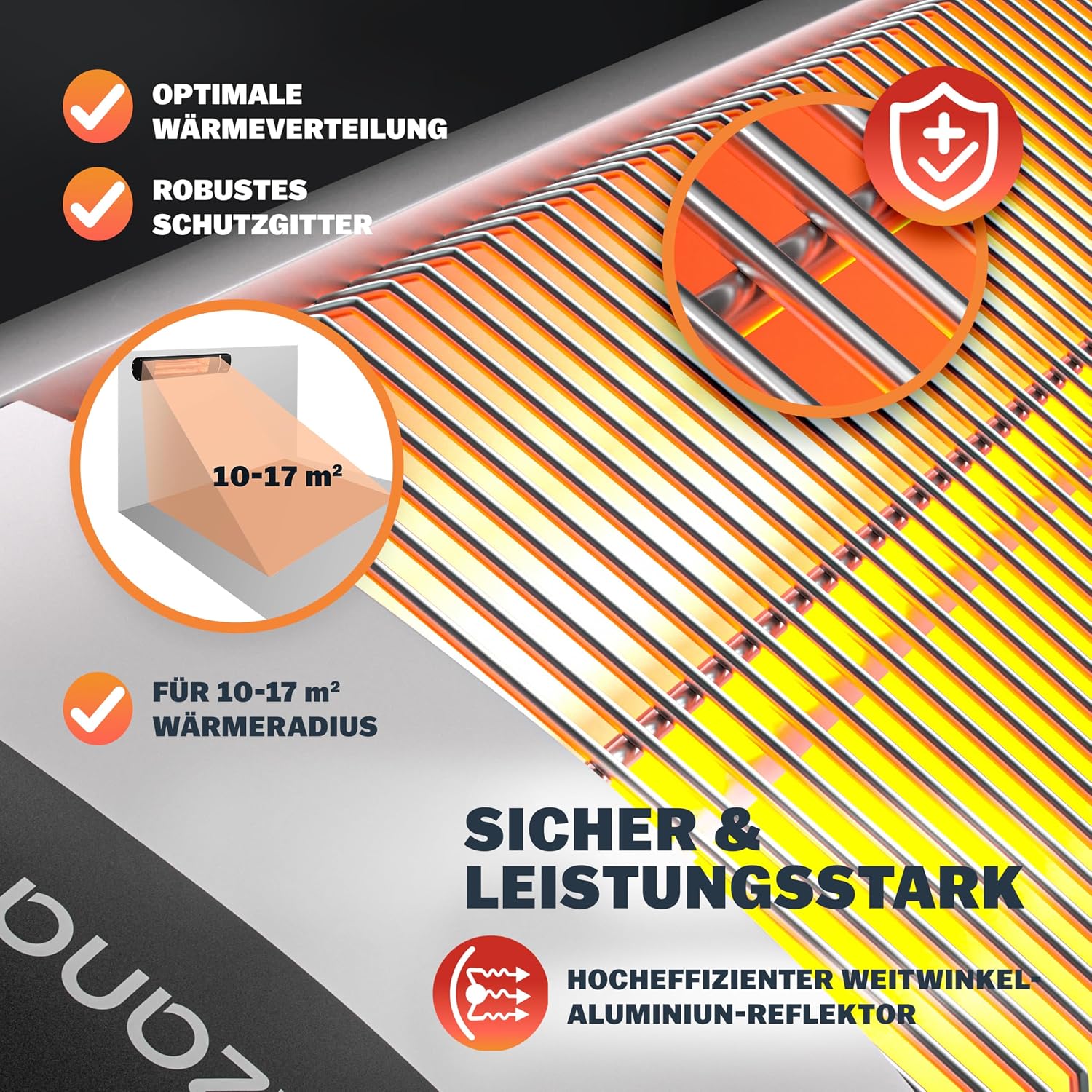 MONZANA® Infrarot Heizstrahler MZH2501 Timer 2500W 3 Stufen 24 Std. Fernbedienung 90 Grad Neigungswinkel Elektrisch Wärmestrahler Terrassenstrahler Silber — Ansicht 4