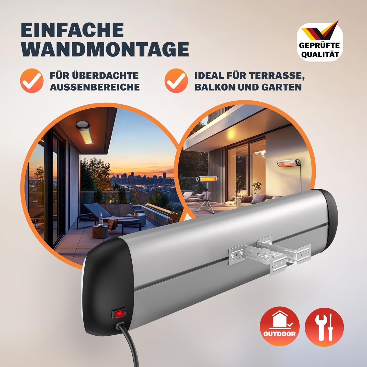 MONZANA® Infrarot Heizstrahler MZH2501 Timer 2500W 3 Stufen 24 Std. Fernbedienung 90 Grad Neigungswinkel Elektrisch Wärmestrahler Terrassenstrahler Silber — Ansicht 5