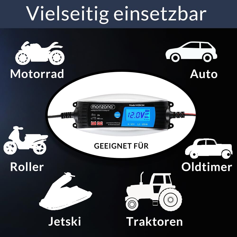 MONZANA® KFZ Batterieladegerät vollautomatisch 6V 12V LCD-Bildschirm Temperaturkompensation Erhaltungsladung intelligentes Ladegerät für Auto Motorrad — Ansicht 3
