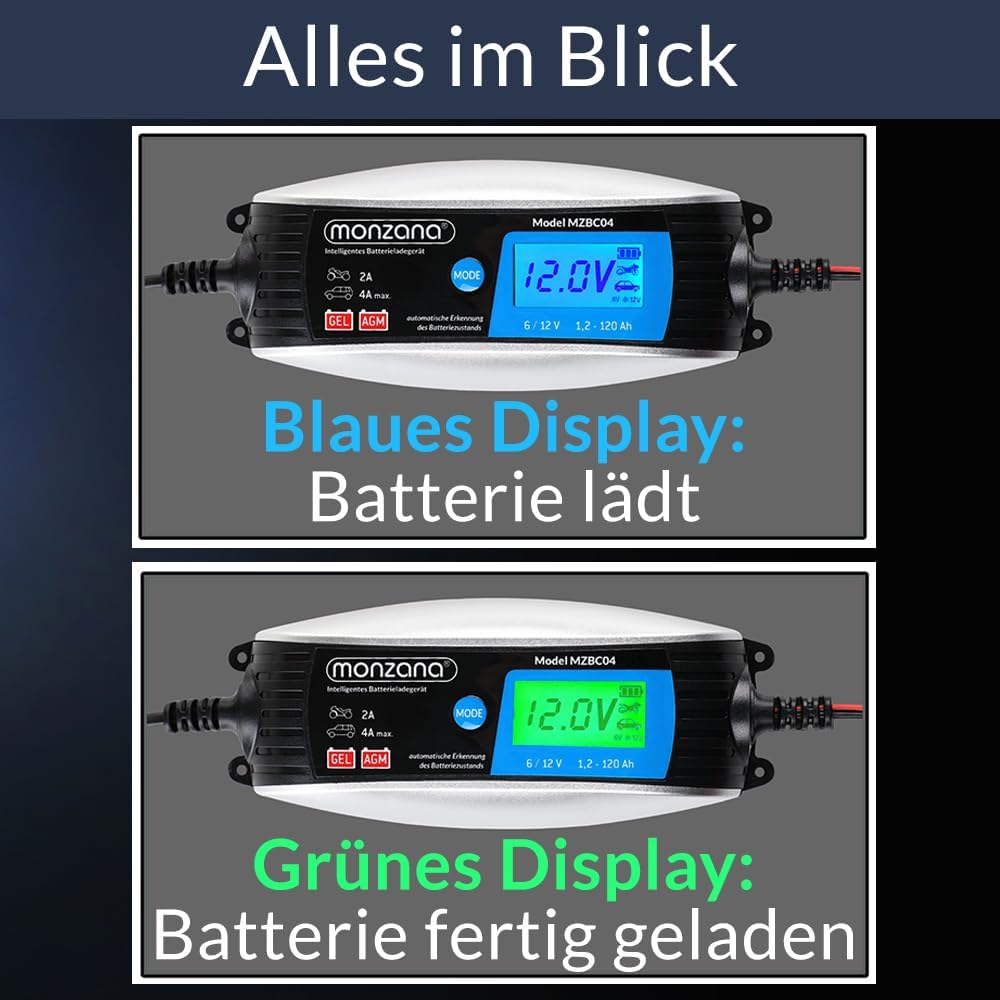 MONZANA® KFZ Batterieladegerät vollautomatisch 6V 12V LCD-Bildschirm Temperaturkompensation Erhaltungsladung intelligentes Ladegerät für Auto Motorrad — Ansicht 4