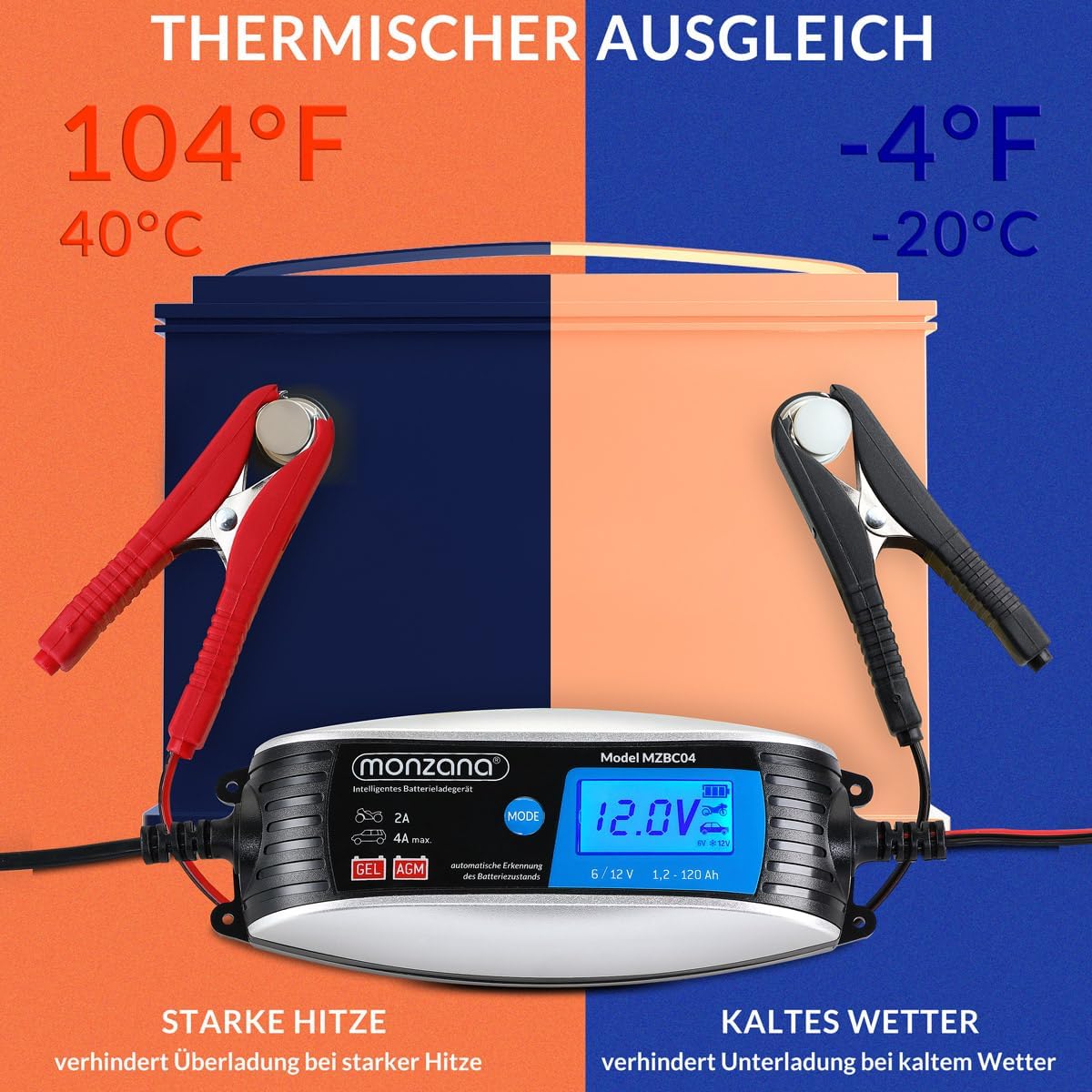 MONZANA® KFZ Batterieladegerät vollautomatisch 6V 12V LCD-Bildschirm Temperaturkompensation Erhaltungsladung intelligentes Ladegerät für Auto Motorrad — Ansicht 5