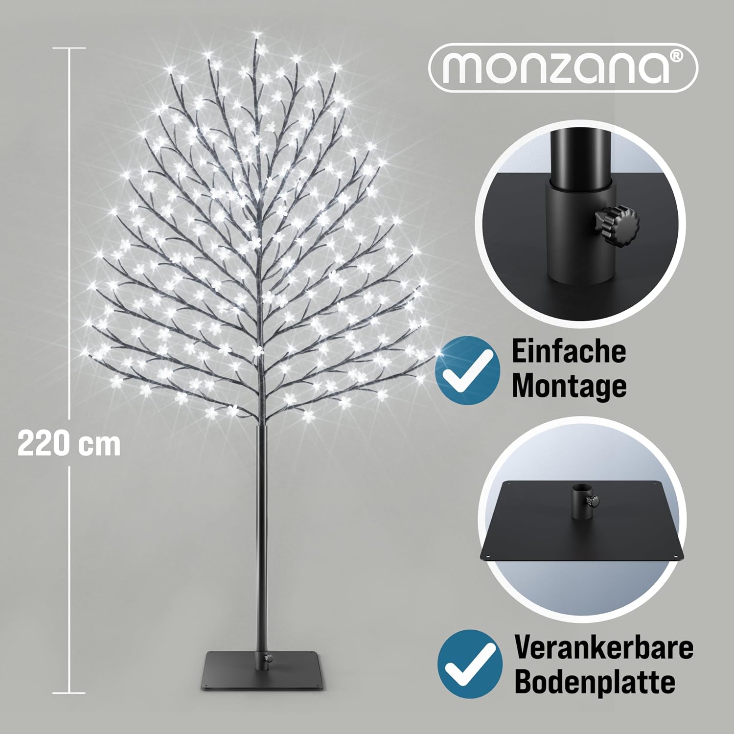 MONZANA® Kirschbaum Beleuchtet 220 cm 220 LED Kaltweiß Außen Innen Timer Künstlich Weihnachten Weihnachtsdeko Kirschblütenbaum Leuchtbaum Lichterbaum — Ansicht 3
