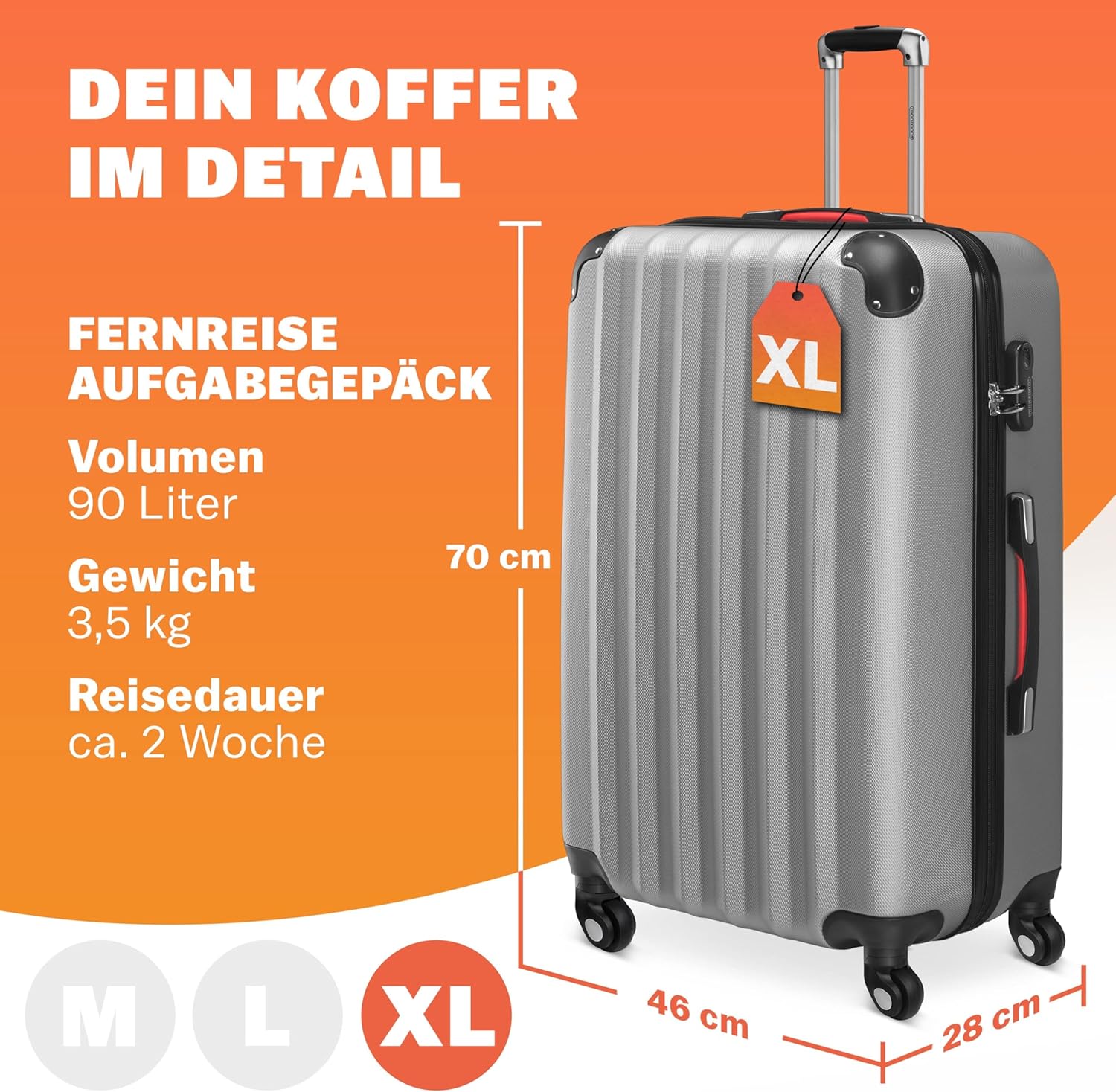 Monzana® Koffer Handgepäck ABS Hard Case 4 Rollen Teleskopgriff Zahlenschloss Kantenschutz Reisekoffer Hartschalenkoffer Rollkoffer Trolley Silber XL — Ansicht 2