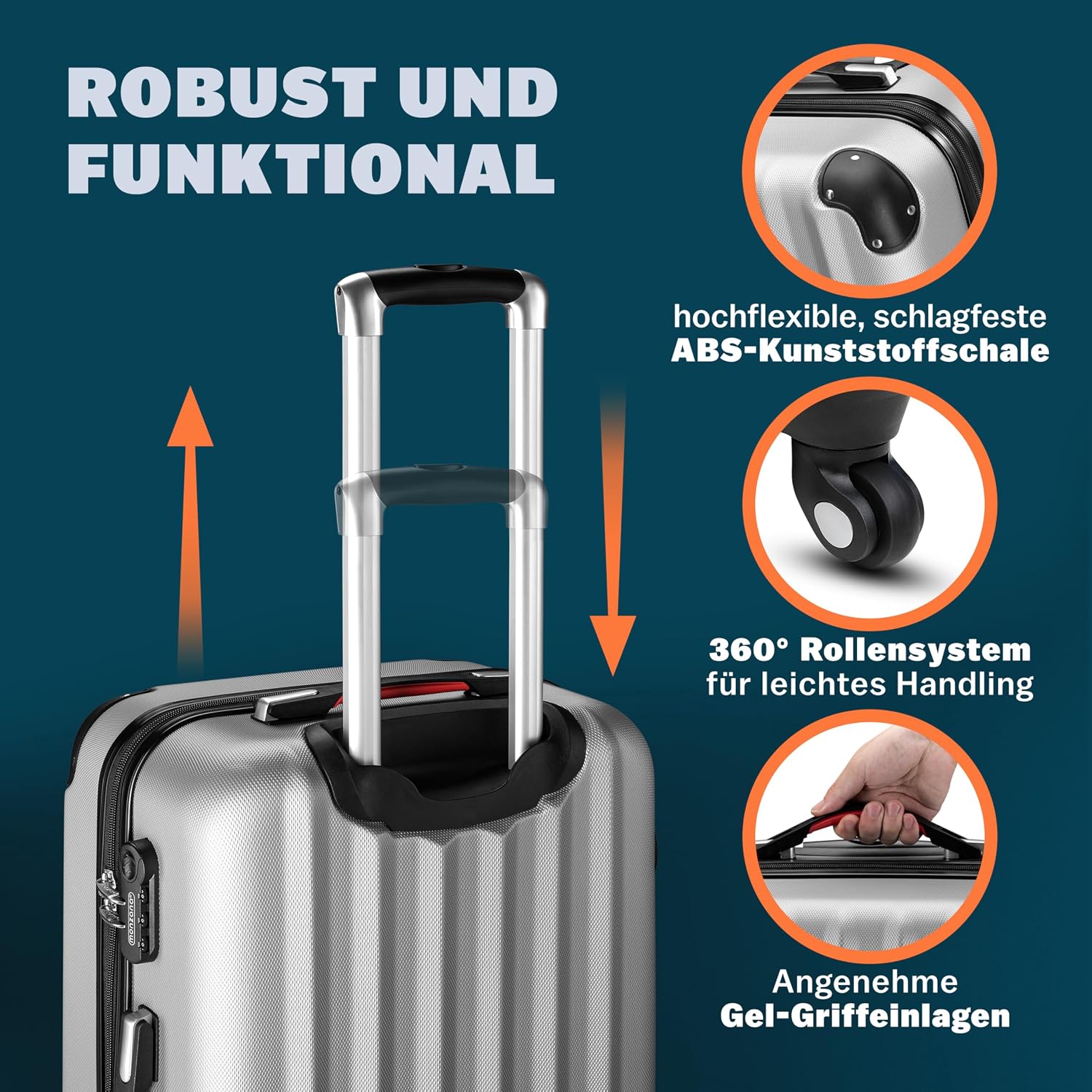 Monzana® Koffer Handgepäck ABS Hard Case 4 Rollen Teleskopgriff Zahlenschloss Kantenschutz Reisekoffer Hartschalenkoffer Rollkoffer Trolley Silber XL — Ansicht 4