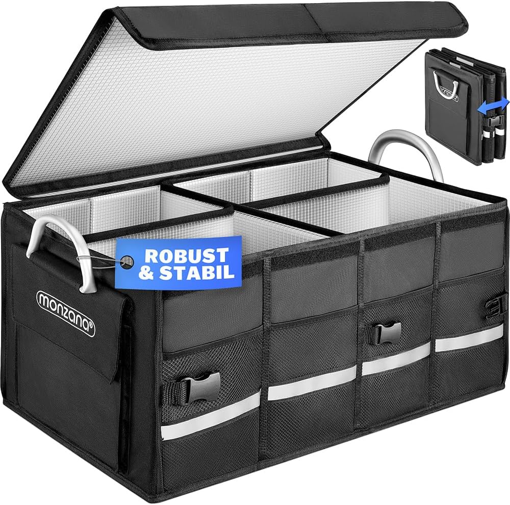 Monzana® Kofferraum Organizer Deckel 68L Isolierung Alu-Griffe Trennwände Wasserdicht Faltbar MDF Wände Rutschfest Kofferraumtasche Kühltasche Faltbox