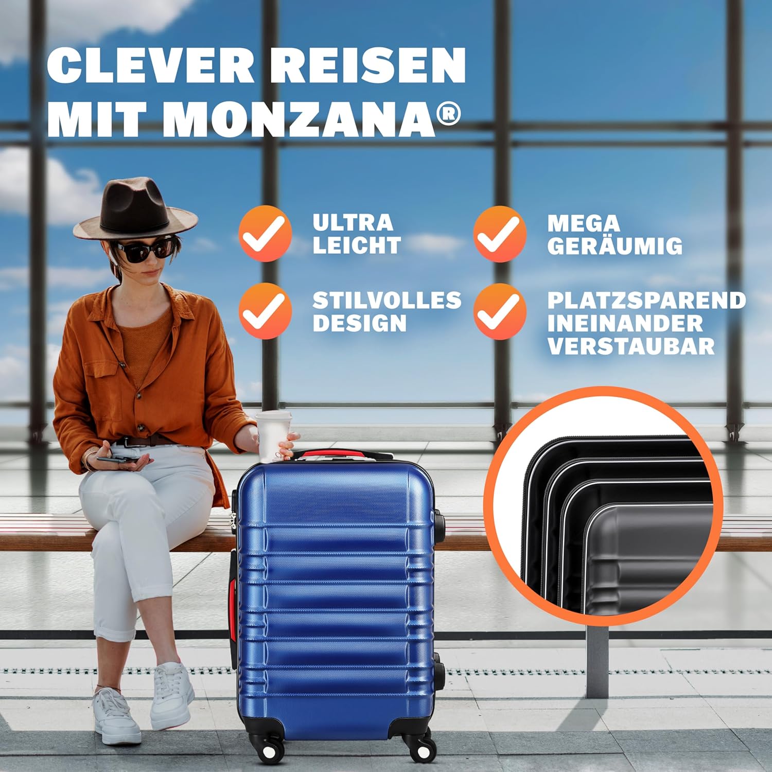 Monzana® Kofferset 4tlg Hartschalen Koffer S-M-L-XL Gel-Griffe 4 Rollen ABS Hardcase Schloss Füße Trolley Rollkoffer Reisekoffer Set Navy — Ansicht 2