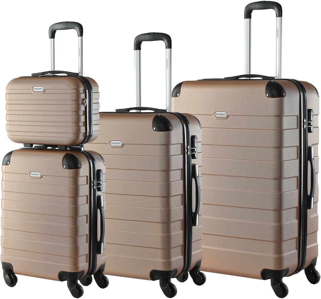MONZANA® Kofferset Essential Hartschalen Koffer M-L-XL Gel-Griffe 4 Rollen Kantenschutz Beautycase Schloss Trolley Rollkoffer Reisekoffer 3er Set Champagner