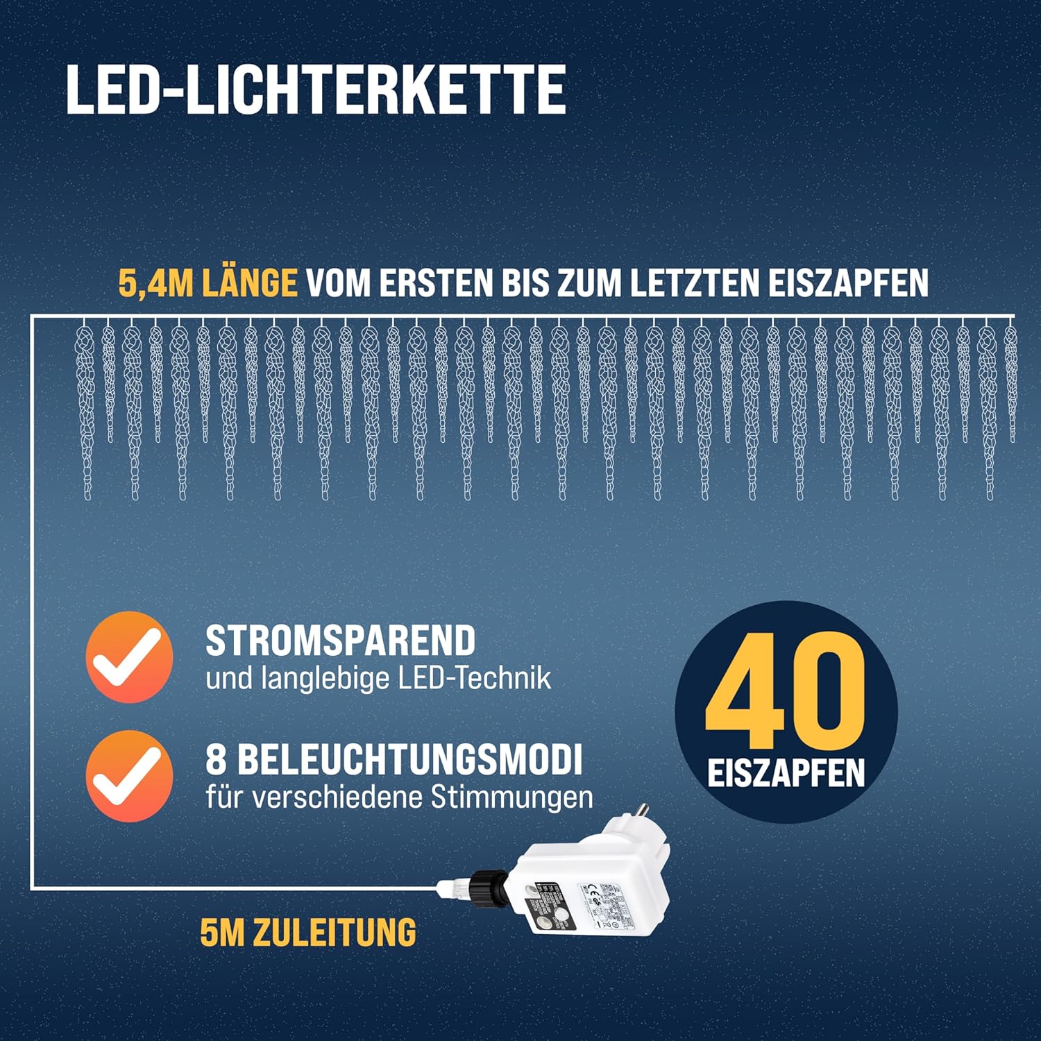 MONZANA® LED Eiszapfen Lichterkette 40 Eiszapfen blau Fernbedienung 8 Leuchtmodi Timer Innen Außen Weihnachtslichterkette — Ansicht 3
