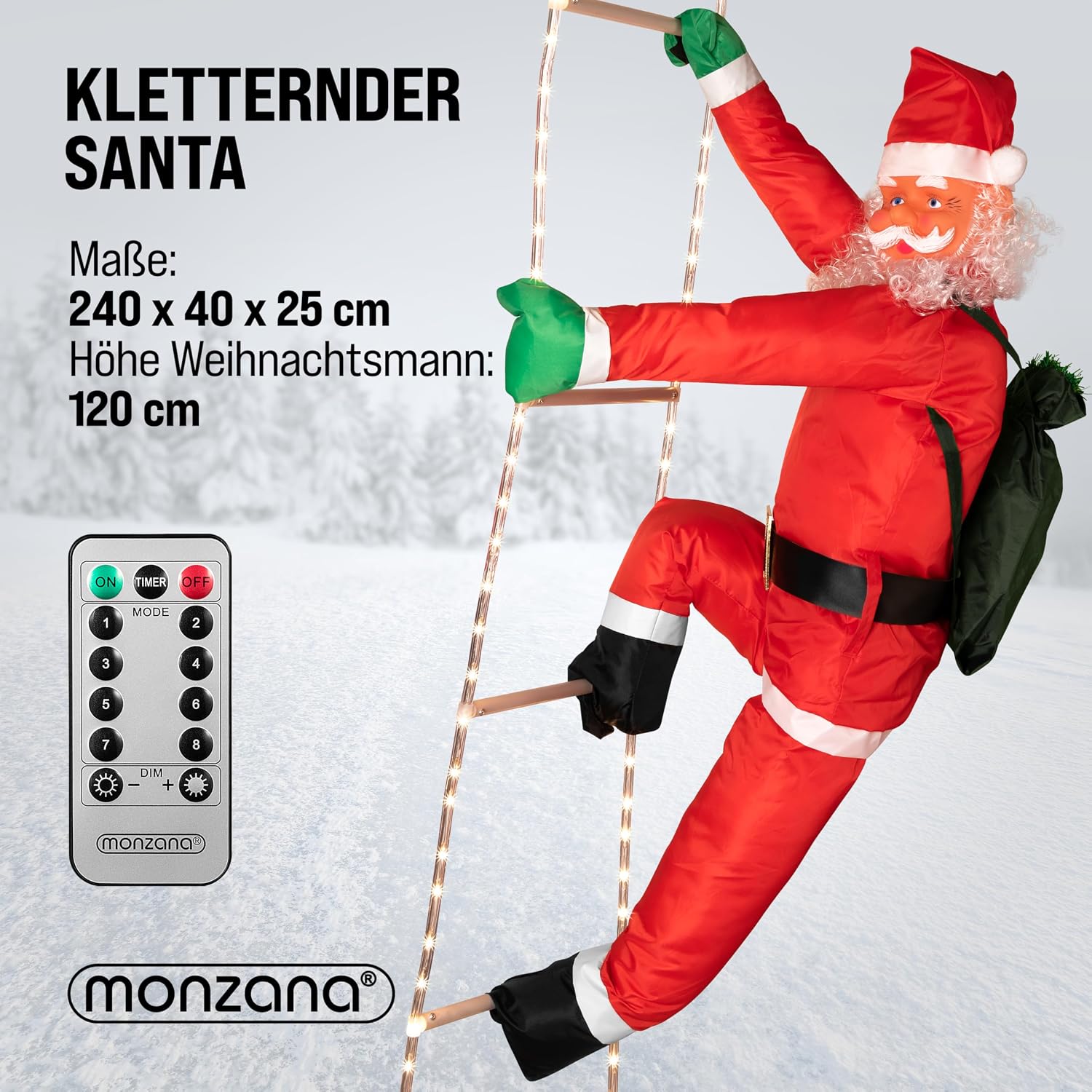 MONZANA® LED Weihnachtsmann Leiter XXL 240cm In-/Outdoor Timer 8 Leuchtfunktionen Fernbedienung dimmbar Santa Claus Nikolaus Weihnachten Deko Figur — Ansicht 6
