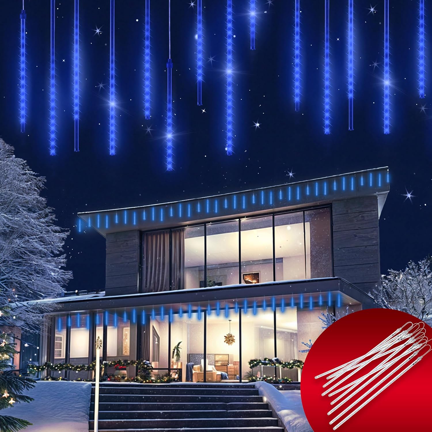 Monzana® Lichterkette Meteorschauer 480 LED Außen Wasserdicht 10 Röhre je 50 cm Innen Weihnachten Eisregen Regenlichterkette Weihnachtsbeleuchtung Blau