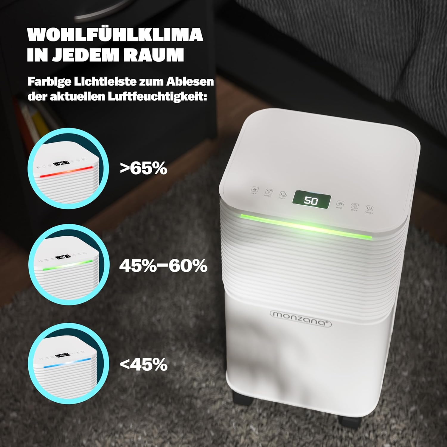 MONZANA® Luftentfeuchter elektrisch 15-20m2 12L/Tag LED-Display 24-Std-Timer Raumentfeuchter Bad Wohnung Raumluftentfeuchter Luftreiniger Allergiker — Ansicht 4