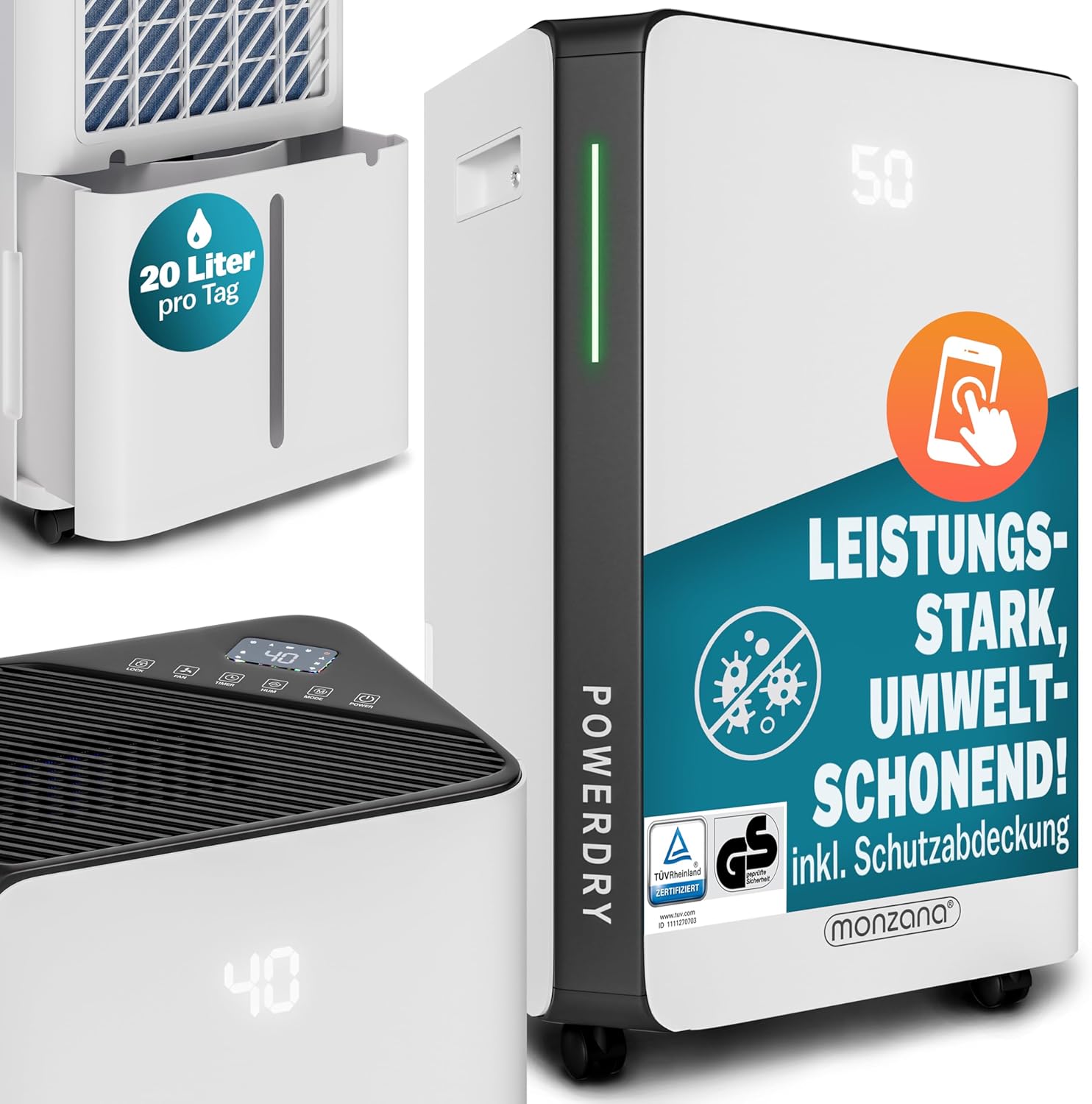 MONZANA® Luftentfeuchter elektrisch 20-30m2 20L/Tag LED-Display 24-Std-Timer Raumentfeuchter Bad Wohnung Wifi Smart Home App Luftreiniger Allergiker