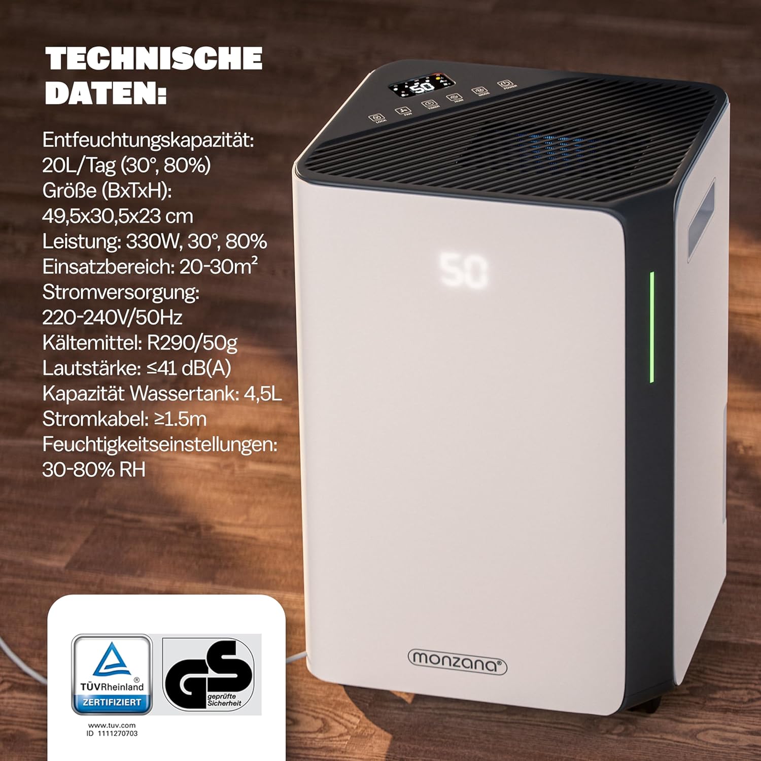 MONZANA® Luftentfeuchter elektrisch 20-30m2 20L/Tag LED-Display 24-Std-Timer Raumentfeuchter Bad Wohnung Wifi Smart Home App Luftreiniger Allergiker — Ansicht 6