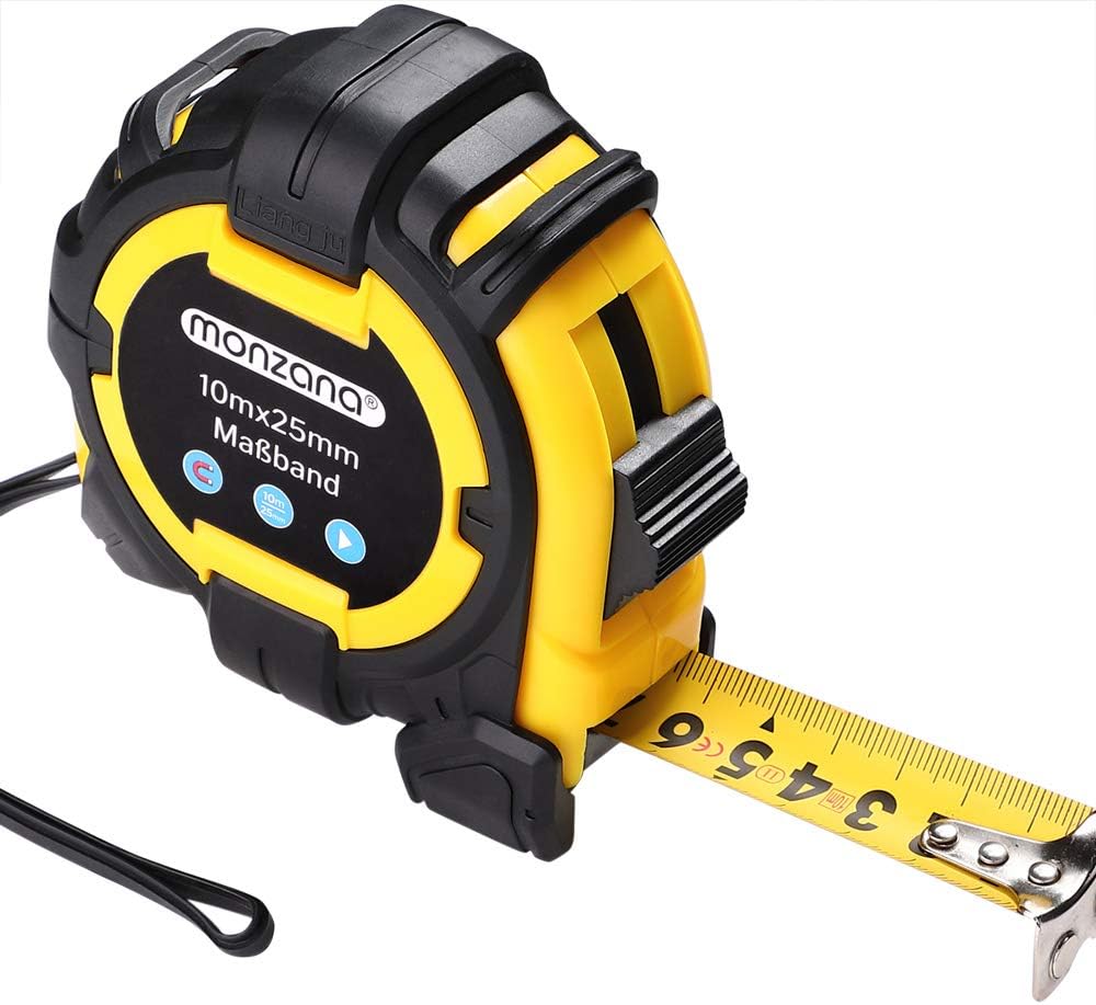 MONZANA® Maßband 10m Rollmeter magnetisch verschiebbarer Endhaken Bandmaß Autorollsystem mit Feststeller & Gürtelklemme