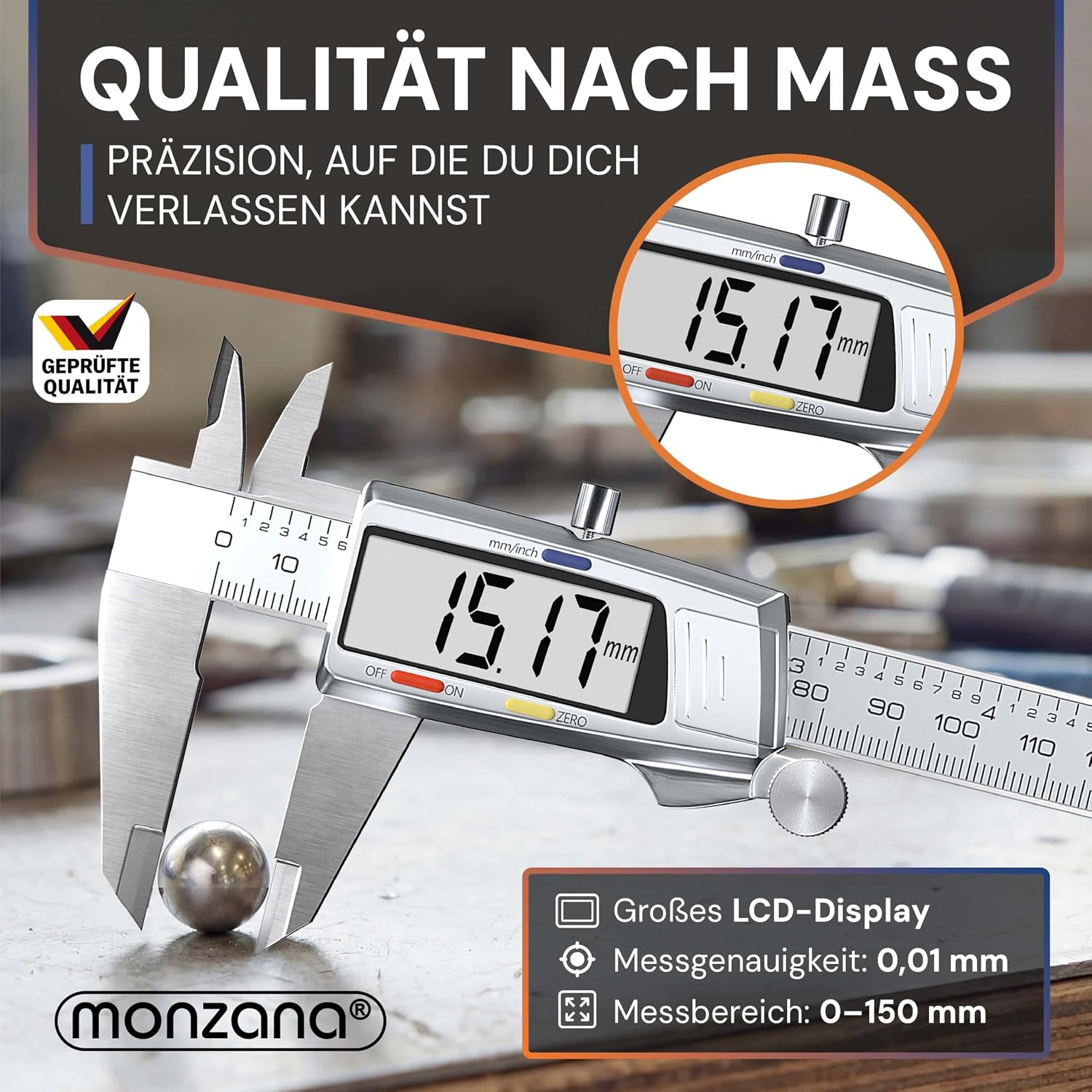 MONZANA® Messschieber Digital Edelstahl 150mm LCD Display Aufbewahrungsbox Ersatzbatterie Schieblehre Messlehre — Ansicht 2