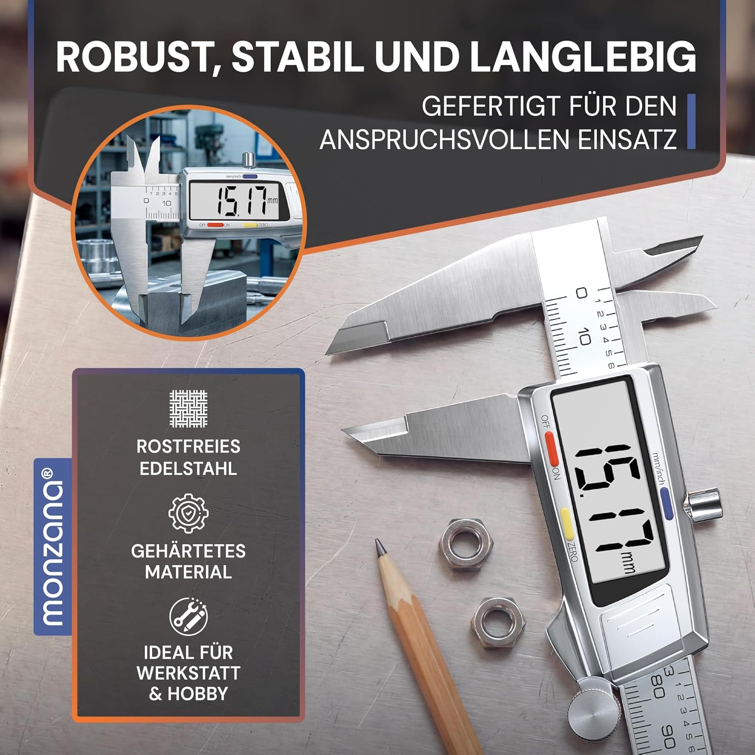 MONZANA® Messschieber Digital Edelstahl 150mm LCD Display Aufbewahrungsbox Ersatzbatterie Schieblehre Messlehre — Ansicht 4