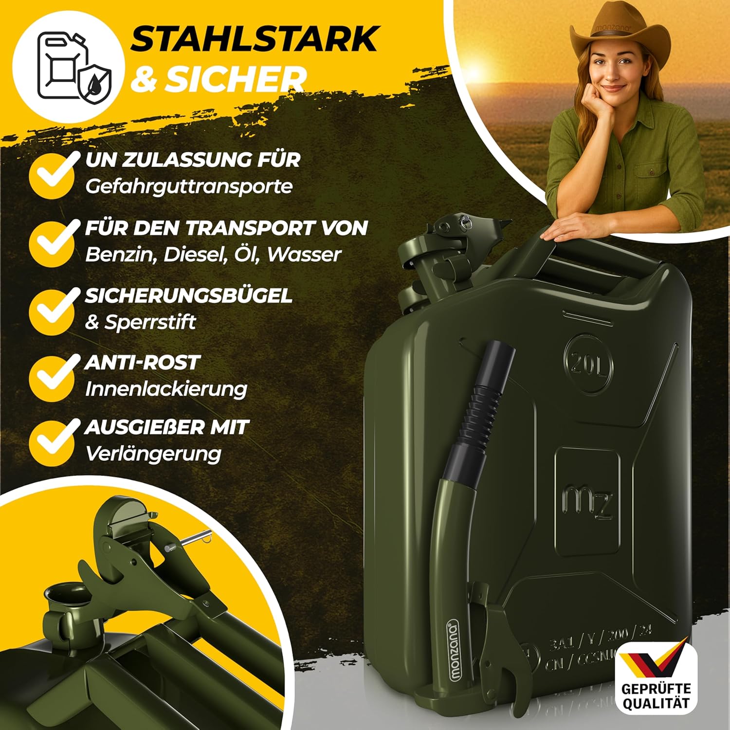 MONZANA® Metallkanister 3er-Set inkl. Ausgießer Verlängerung 20 L Stahl 36x17x46cm UN-Zulassung Werkstatt Benzinkanister Metallkanister oliv — Ansicht 2