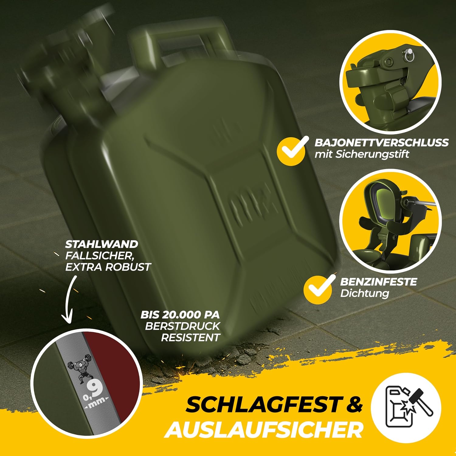 MONZANA® Metallkanister 3er-Set inkl. Ausgießer Verlängerung 20 L Stahl 36x17x46cm UN-Zulassung Werkstatt Benzinkanister Metallkanister oliv — Ansicht 3
