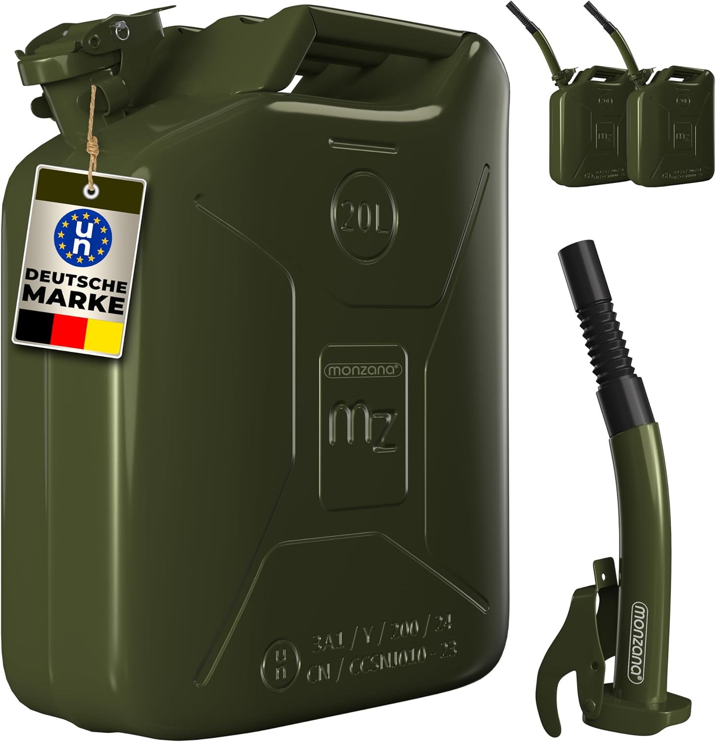 MONZANA® Metallkanister 3er-Set inkl. Ausgießer Verlängerung 20 L Stahl 36x17x46cm UN-Zulassung Werkstatt Benzinkanister Metallkanister oliv