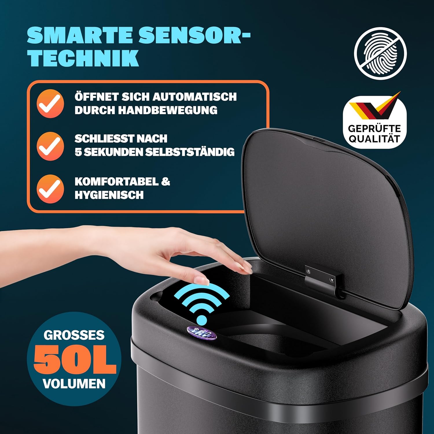 Monzana® Mülleimer mit Sensor Küche 50L Edelstahl Automatik Deckel Klemmring inkl. USB-Kabel Abfalleimer Groß Papierkorb LED Anzeige Schwarz — Ansicht 3