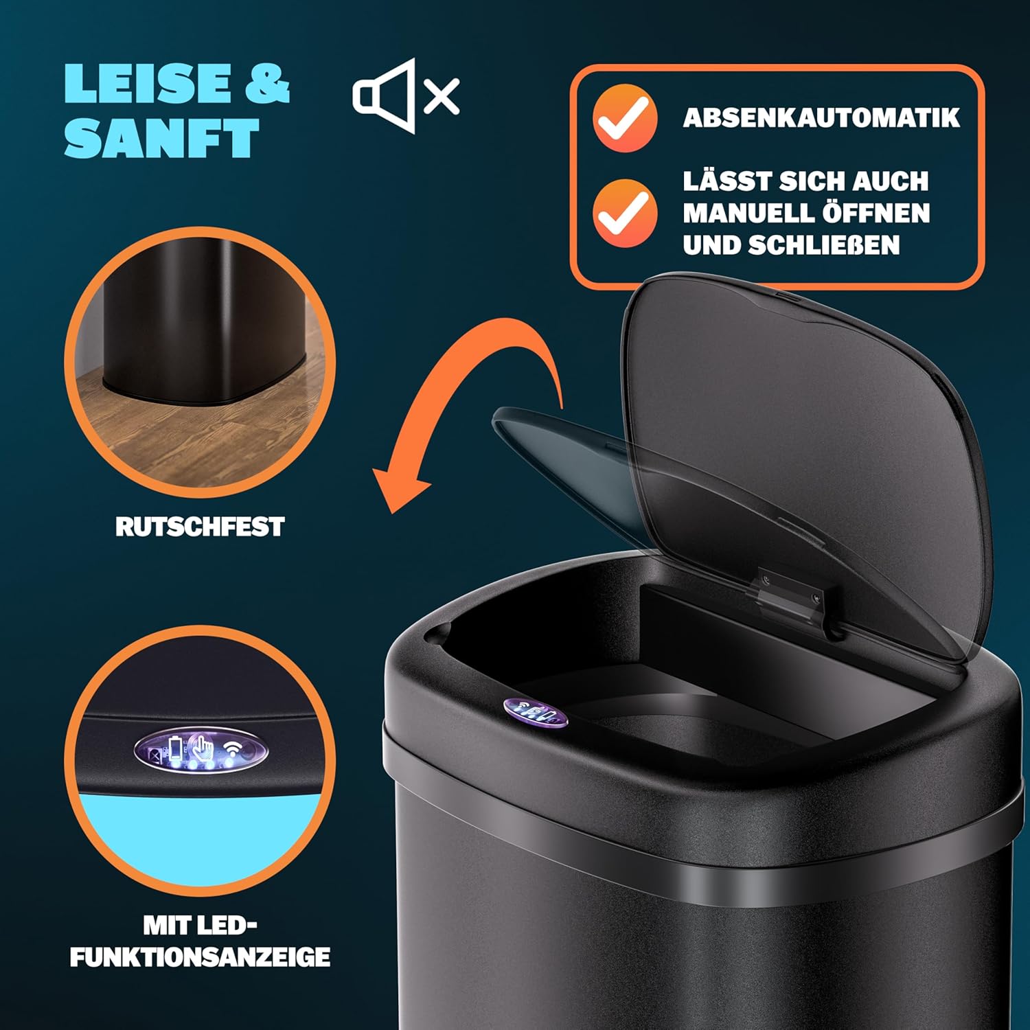 Monzana® Mülleimer mit Sensor Küche 50L Edelstahl Automatik Deckel Klemmring inkl. USB-Kabel Abfalleimer Groß Papierkorb LED Anzeige Schwarz — Ansicht 5