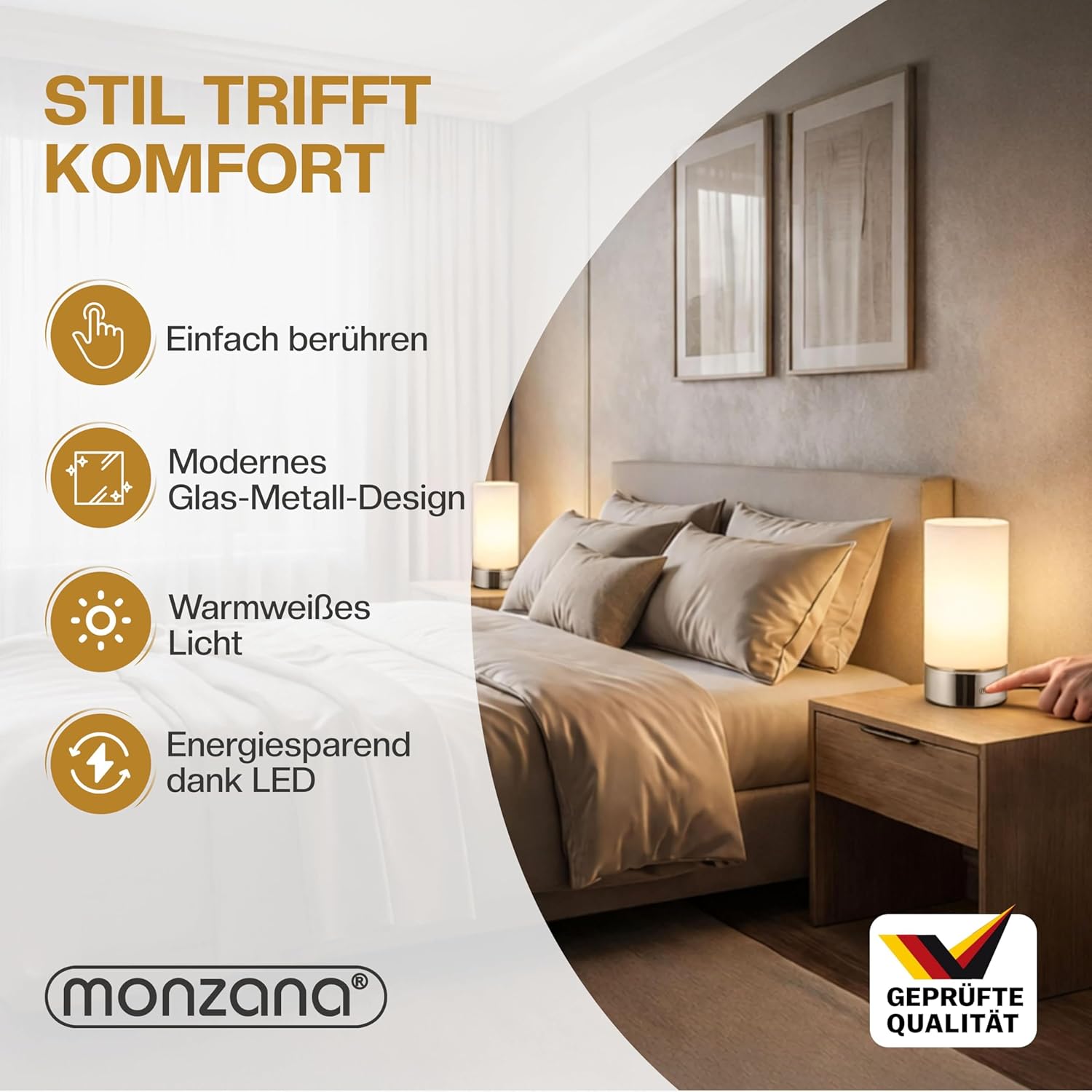 Monzana® Nachttischlampe 2er Set Touch Dimmbar mit LED Leuchtmittel Glasschirm Tischlampe Tischleuchte Wohnzimmer Schlafzimmer Nachtlicht Leselampe — Ansicht 2