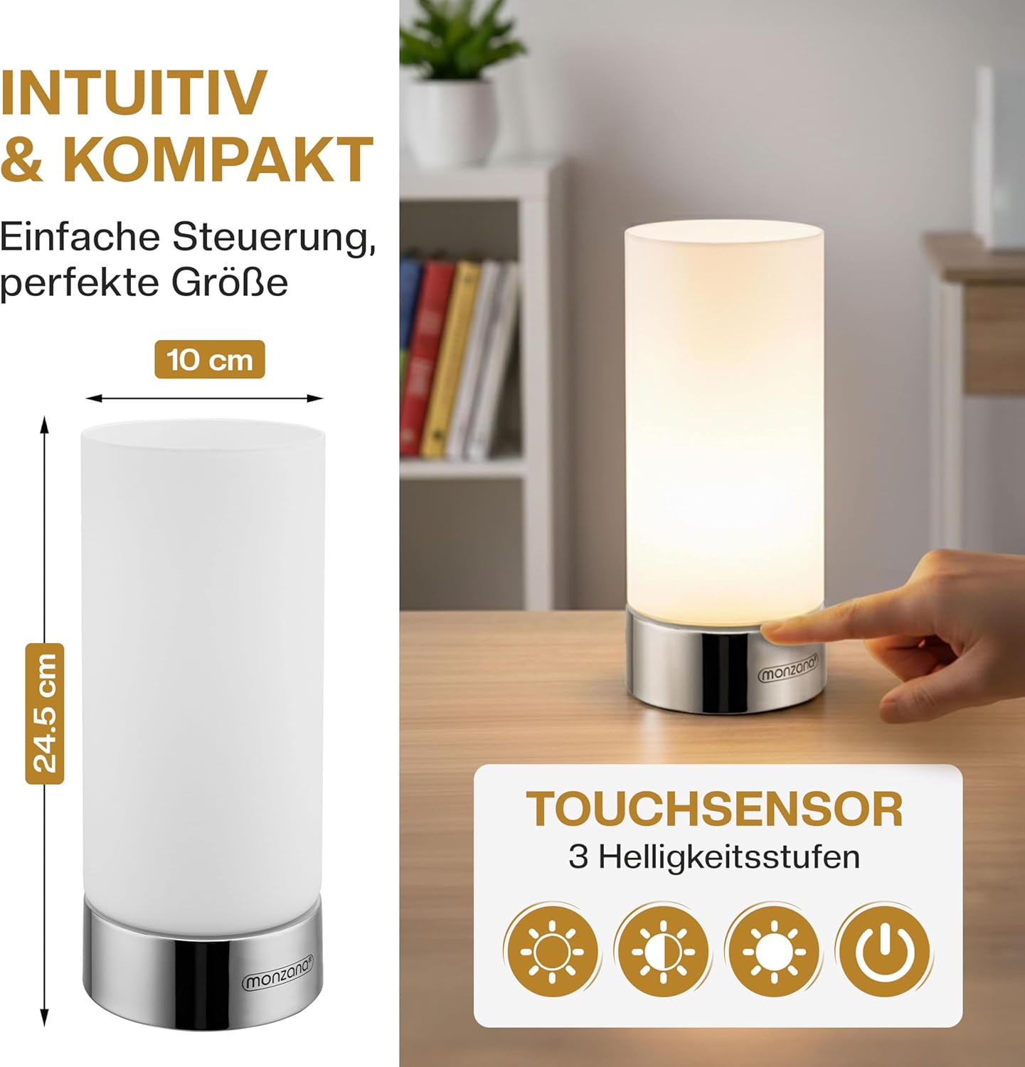Monzana® Nachttischlampe 2er Set Touch Dimmbar mit LED Leuchtmittel Glasschirm Tischlampe Tischleuchte Wohnzimmer Schlafzimmer Nachtlicht Leselampe — Ansicht 5