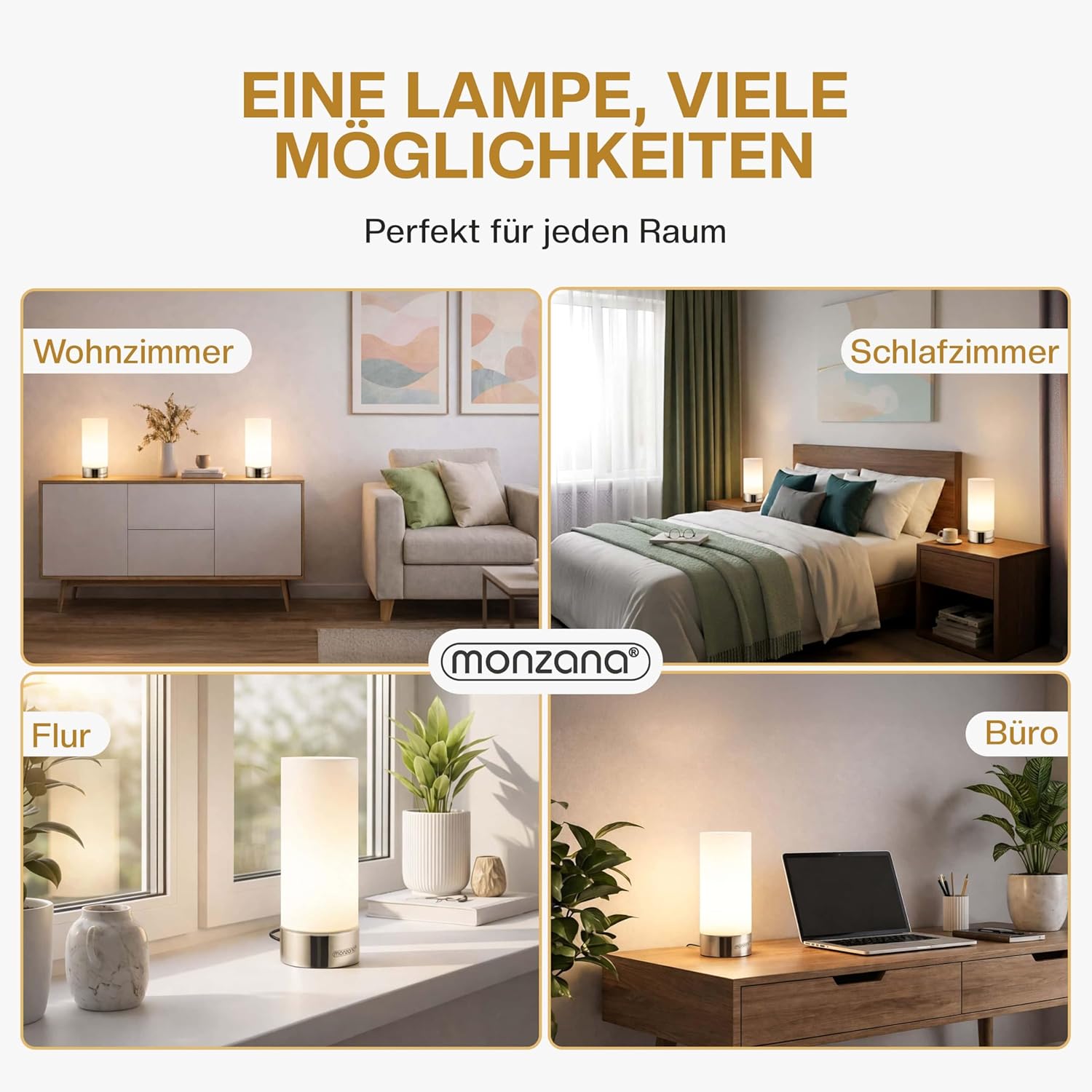 Monzana® Nachttischlampe 2er Set Touch Dimmbar mit LED Leuchtmittel Glasschirm Tischlampe Tischleuchte Wohnzimmer Schlafzimmer Nachtlicht Leselampe — Ansicht 6
