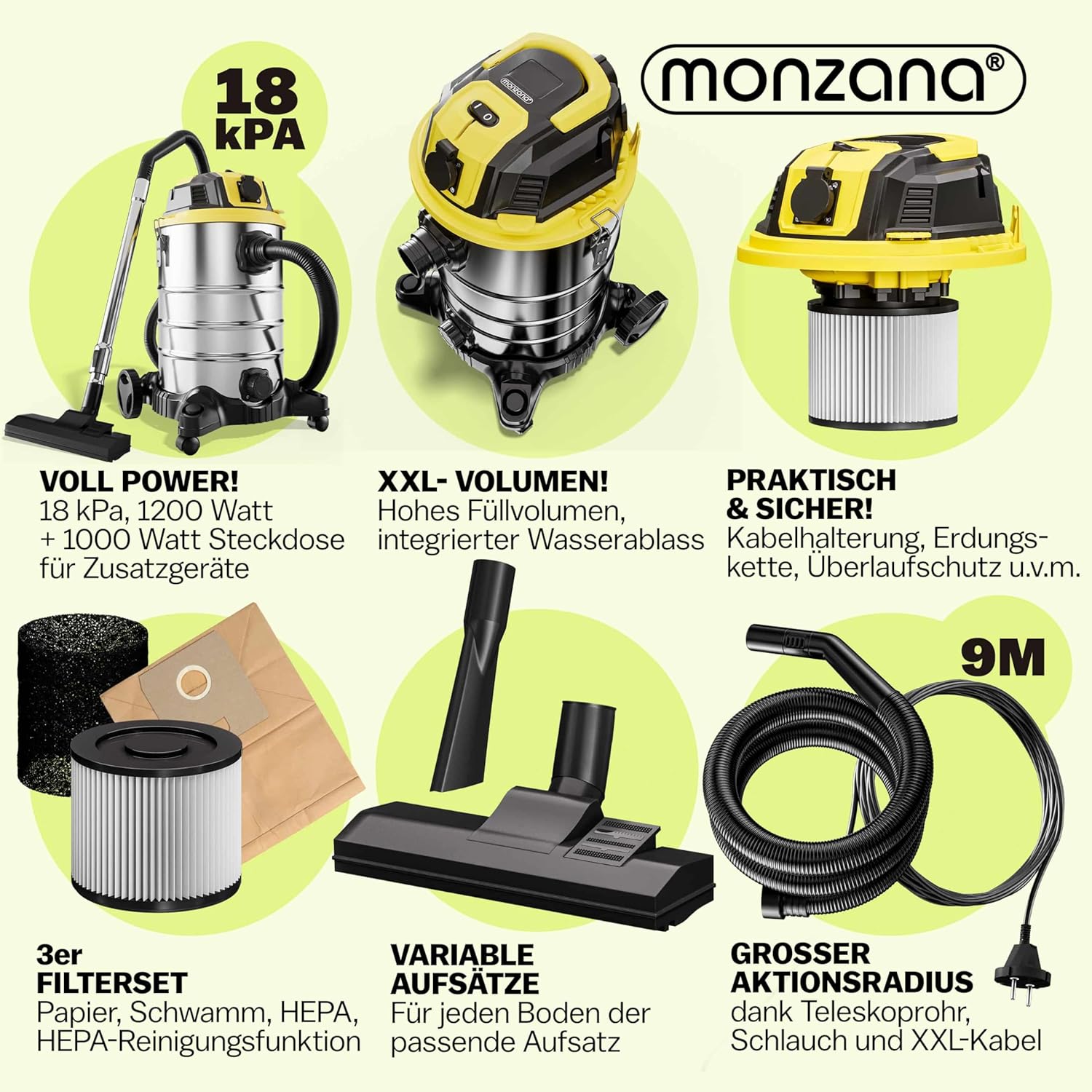 Monzana® Nass Trockensauger 30L 1200W + 1000W Steckdose GS-Zertifiziert 9m Bewegungsradius Blasfunktion Staubsauger Industrie Edelstahl Waschsauger Nasssauger — Ansicht 2