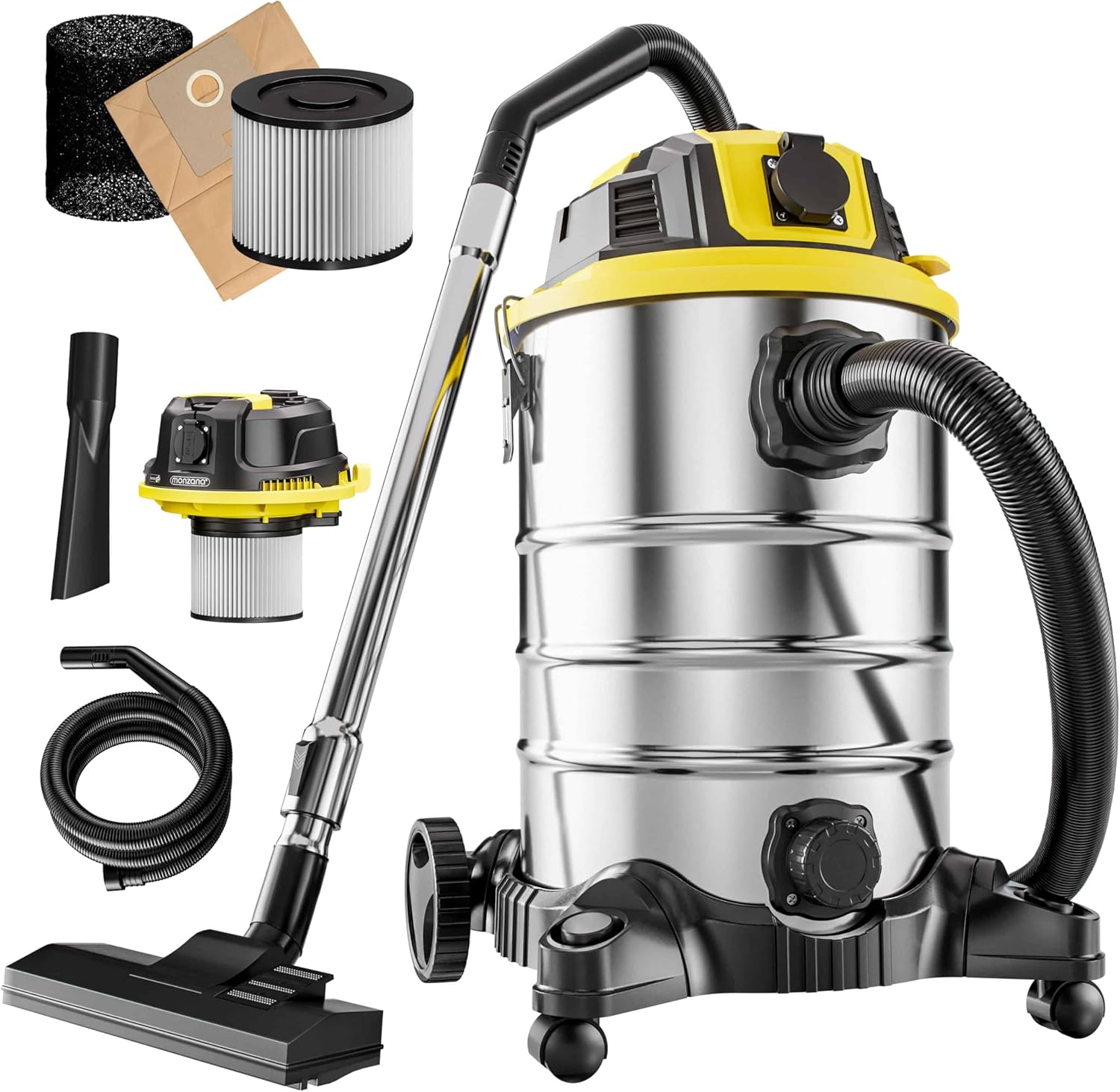 Monzana® Nass Trockensauger 30L 1200W + 1000W Steckdose GS-Zertifiziert 9m Bewegungsradius Blasfunktion Staubsauger Industrie Edelstahl Waschsauger Nasssauger